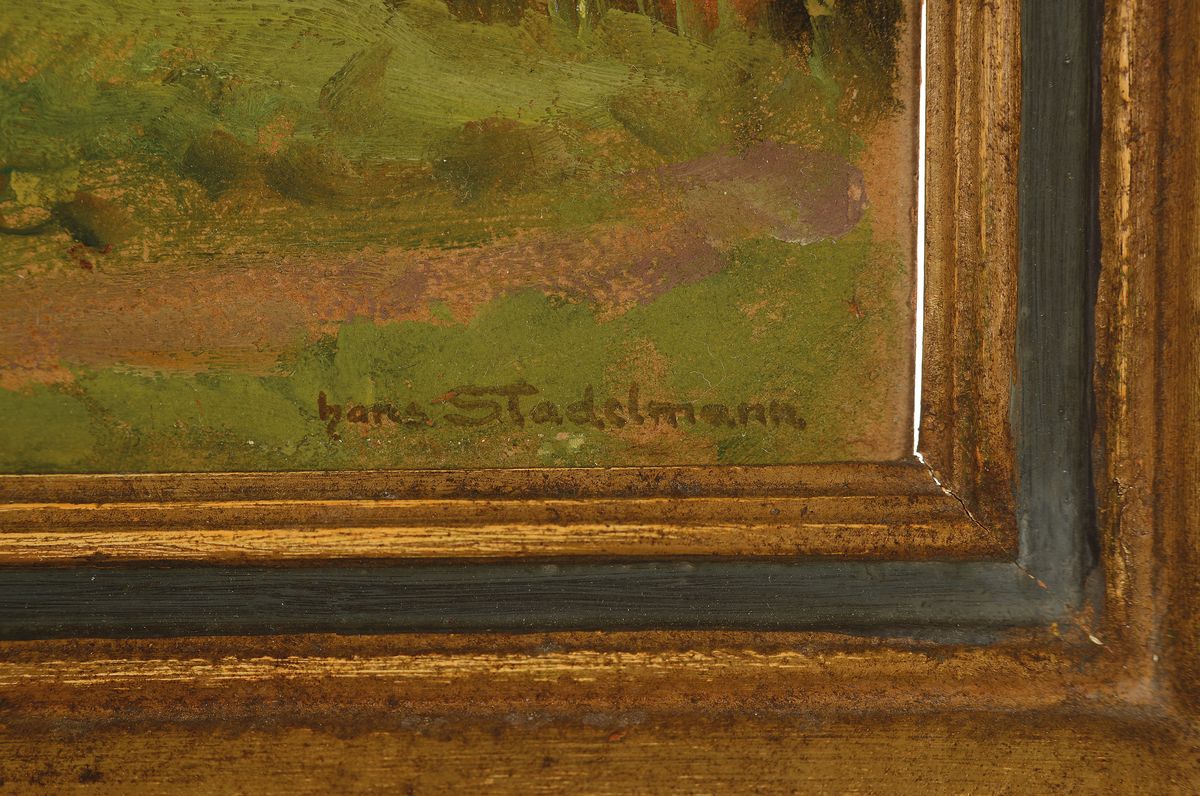 Detail a: Hans Stadelmann, 1876 Nürnberg-1950 Lenggries, Am Main in Unterfranken, rückseitig so betitelt, Öl/Malkarton, rechts unten signiert, ca. 24x30cm, ...