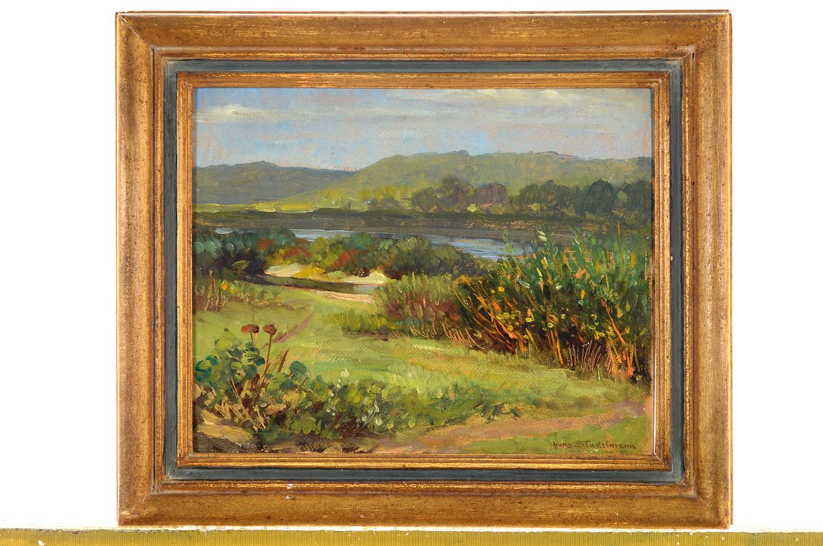 Detail k: Hans Stadelmann, 1876 Nürnberg-1950 Lenggries, Am Main in Unterfranken, rückseitig so betitelt, Öl/Malkarton, rechts unten signiert, ca. 24x30cm, ...