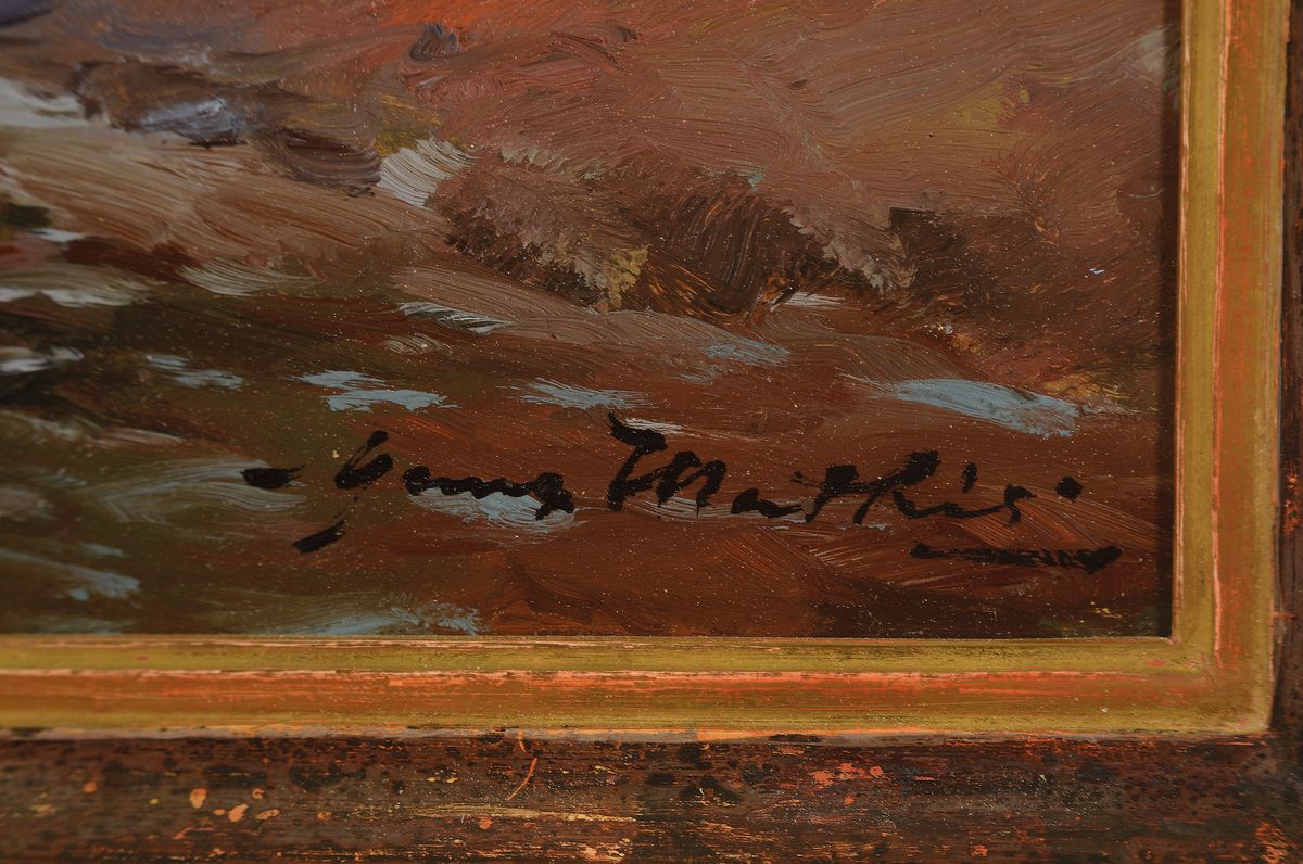 Detail a: Hans Mathis, 1882 Straßburg-1944 München, Bach der durch eine Ortschaft läuft, Öl/ Malkarton, rechts unten signiert, rückseitig Skizze mit ...
