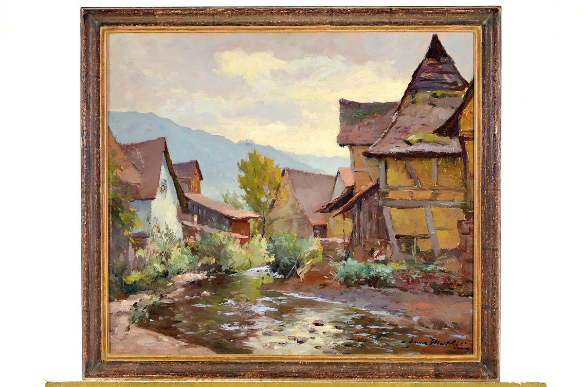 Detail k: Hans Mathis, 1882 Straßburg-1944 München, Bach der durch eine Ortschaft läuft, Öl/ Malkarton, rechts unten signiert, rückseitig Skizze mit ...
