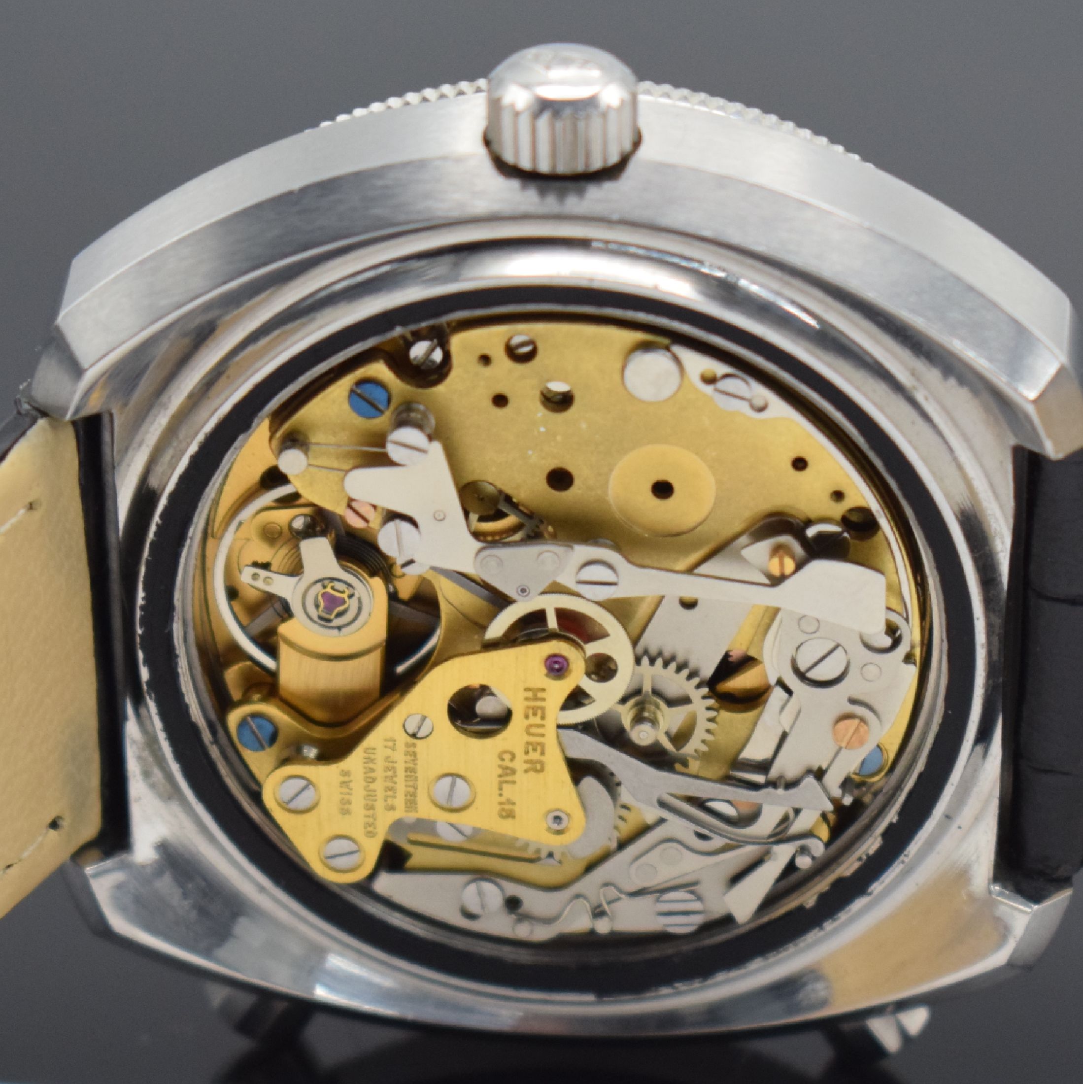 Detail g: HEUER Calculator Herrenchronograph in Stahl Referenz 150.633, Schweiz um 1975, Automatik, verschr. Geh. Aluminium Rechenschieber-Lünette, orig. ...
