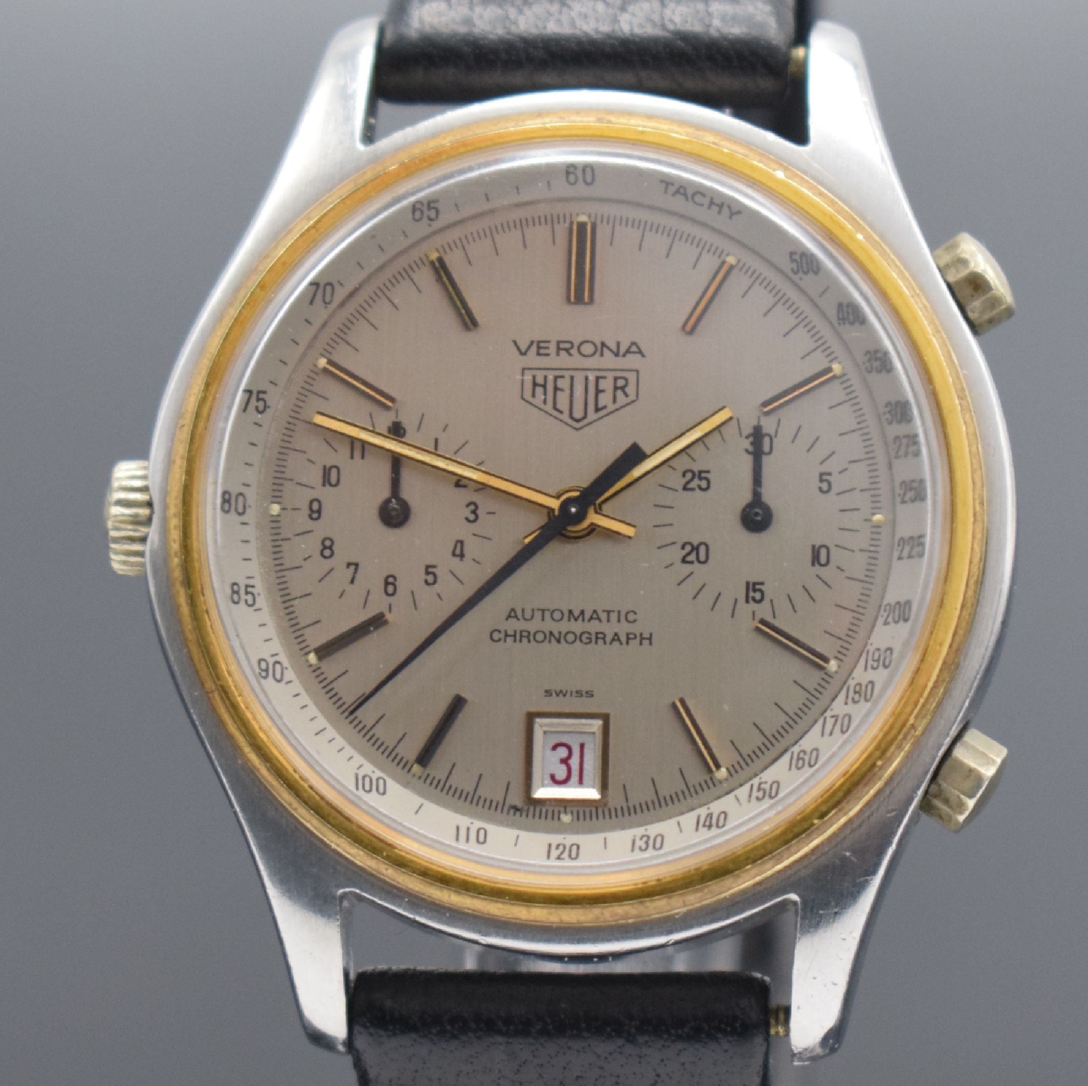 Detail a: HEUER Verona seltene Herrenarmbanduhr mit Chronograph Referenz 110.215, Schweiz um 1979, Automatik, Stahlgeh., verg. Lünette, Boden geschr., ...