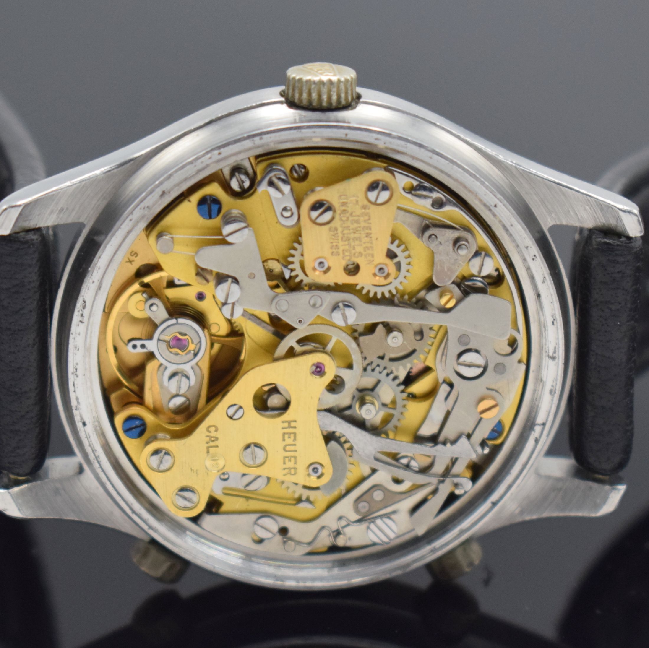Detail e: HEUER Verona seltene Herrenarmbanduhr mit Chronograph Referenz 110.215, Schweiz um 1979, Automatik, Stahlgeh., verg. Lünette, Boden geschr., ...