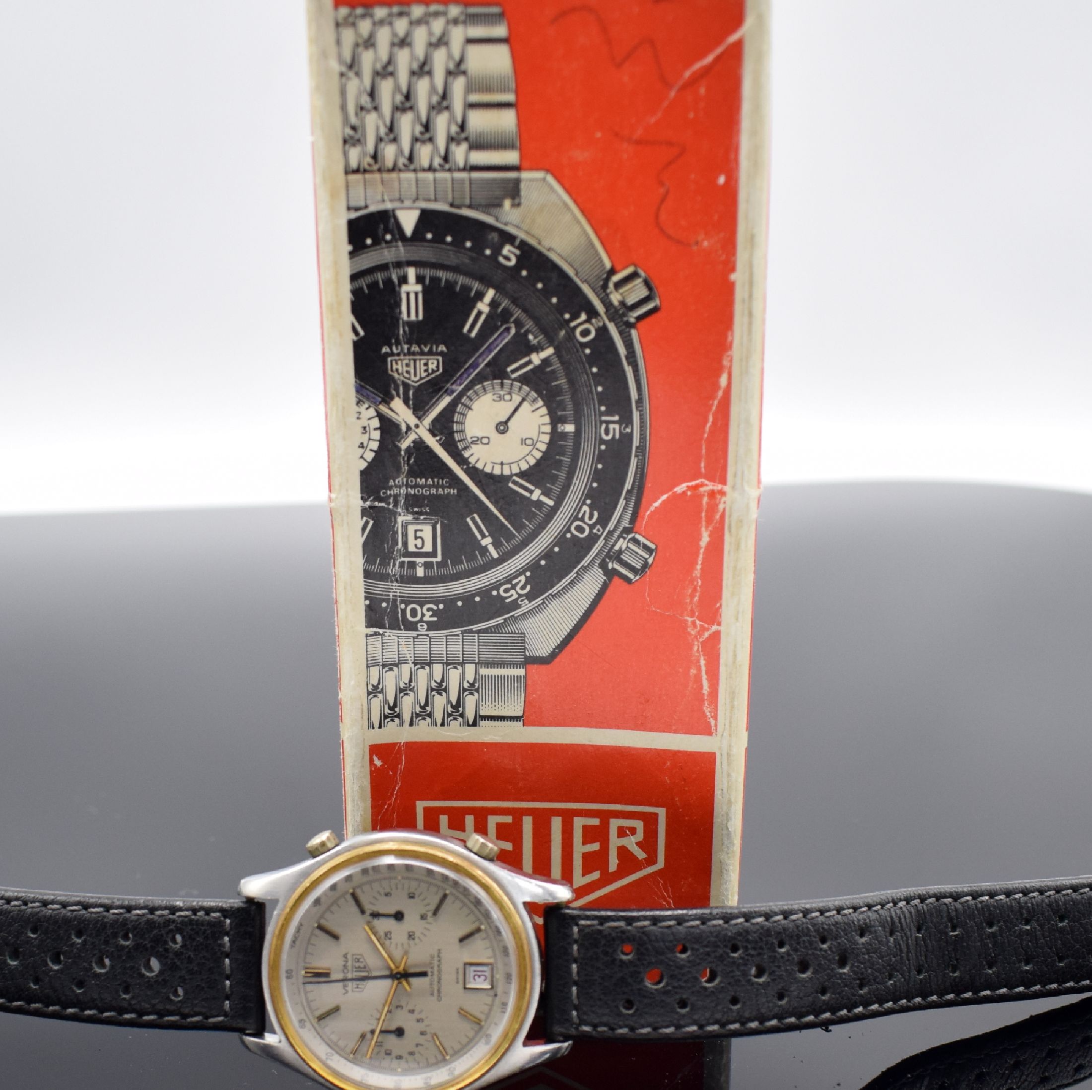 Detail j: HEUER Verona seltene Herrenarmbanduhr mit Chronograph Referenz 110.215, Schweiz um 1979, Automatik, Stahlgeh., verg. Lünette, Boden geschr., ...
