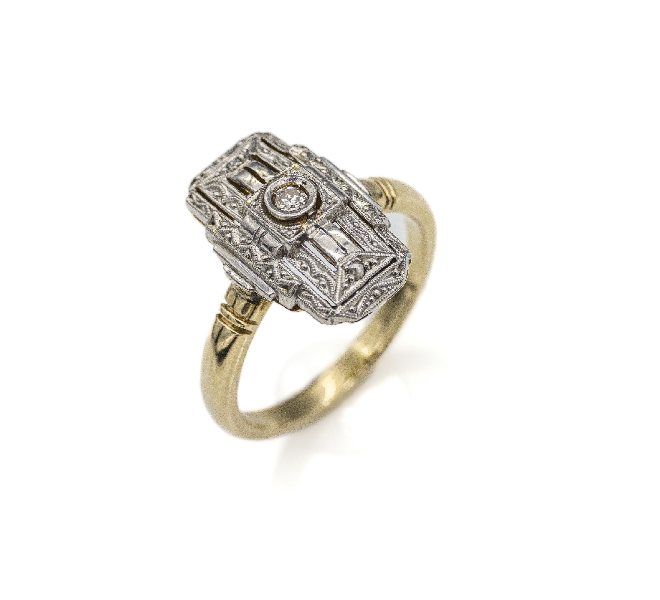 14 kt Gold Art-Deco-Diamant-Ring, GG/WG 585/000, 1930er Jahre, 1 Diamant ca. 0.05 ct get./si, Ringschiene erneuert, ca. 5.0g, RW 58