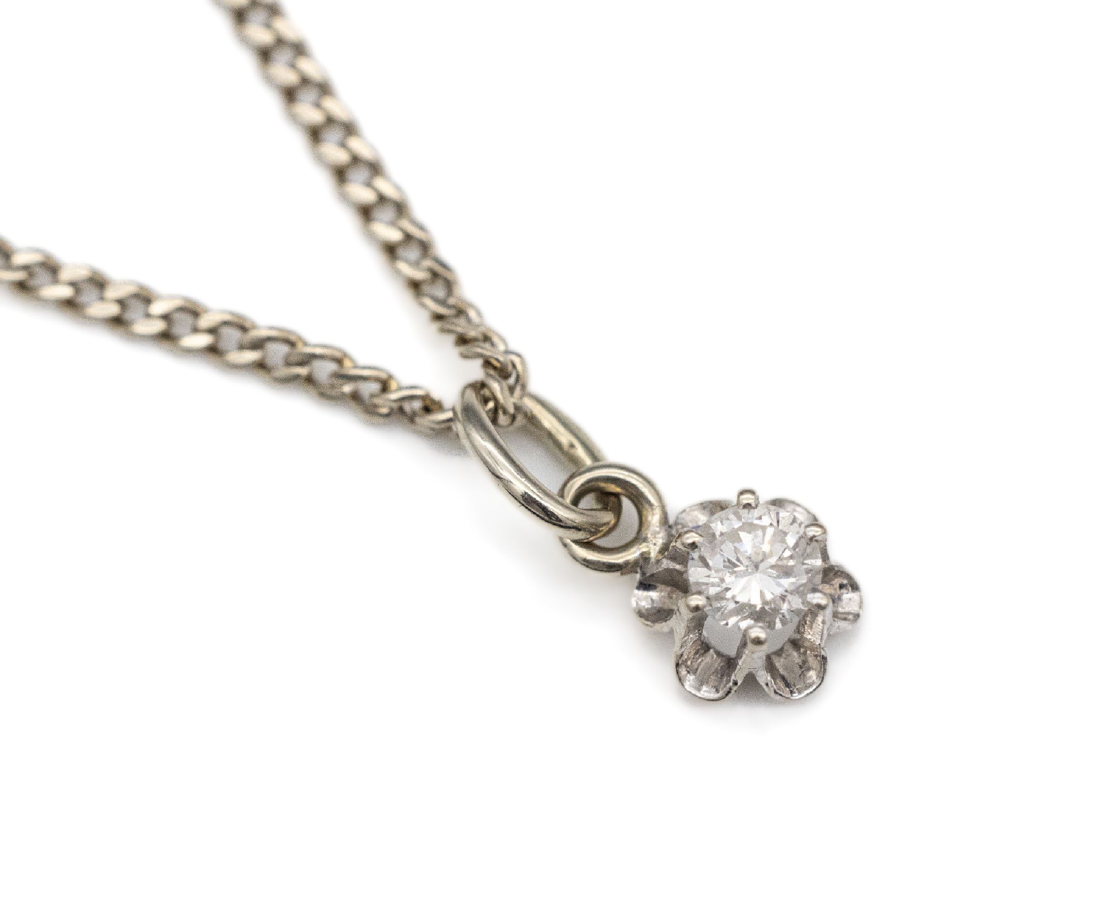 14 kt Gold Brillant-Anhänger, WG 585/000, einzelner Brillant ca. 0.15 ct Weiß/si, an Kette, WG 585/000, L. ca. 43.5 cm, total ca. 3.3 g