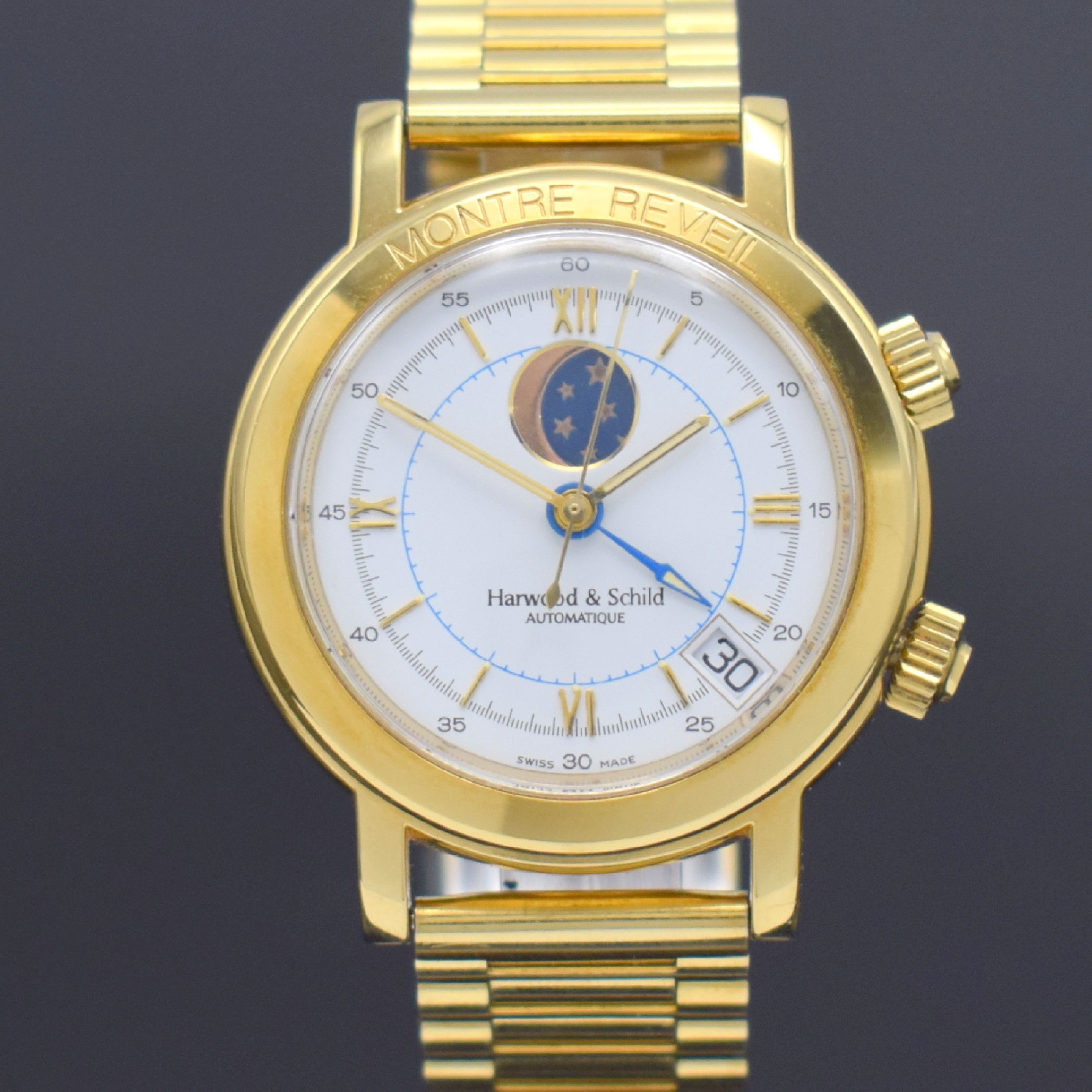 Detail a: HARWOOD & SCHILD Montre Reveil Herrenarmbanduhr mit Wecker, Mondphase & Datum, Schweiz um 1990, Automatik, verg. Geh., gedr. Stahlboden m. Monogramm, ...