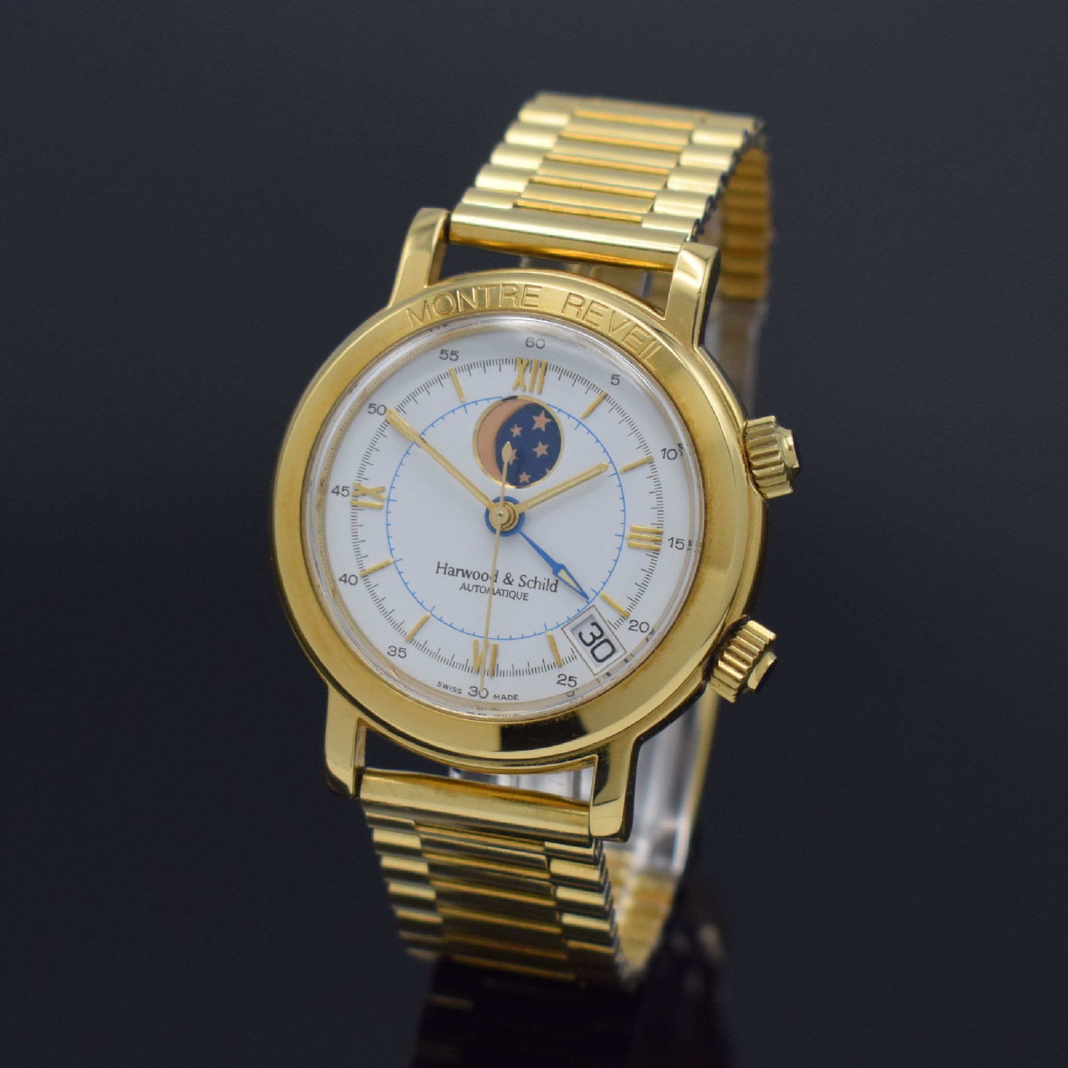 Detail b: HARWOOD & SCHILD Montre Reveil Herrenarmbanduhr mit Wecker, Mondphase & Datum, Schweiz um 1990, Automatik, verg. Geh., gedr. Stahlboden m. Monogramm, ...