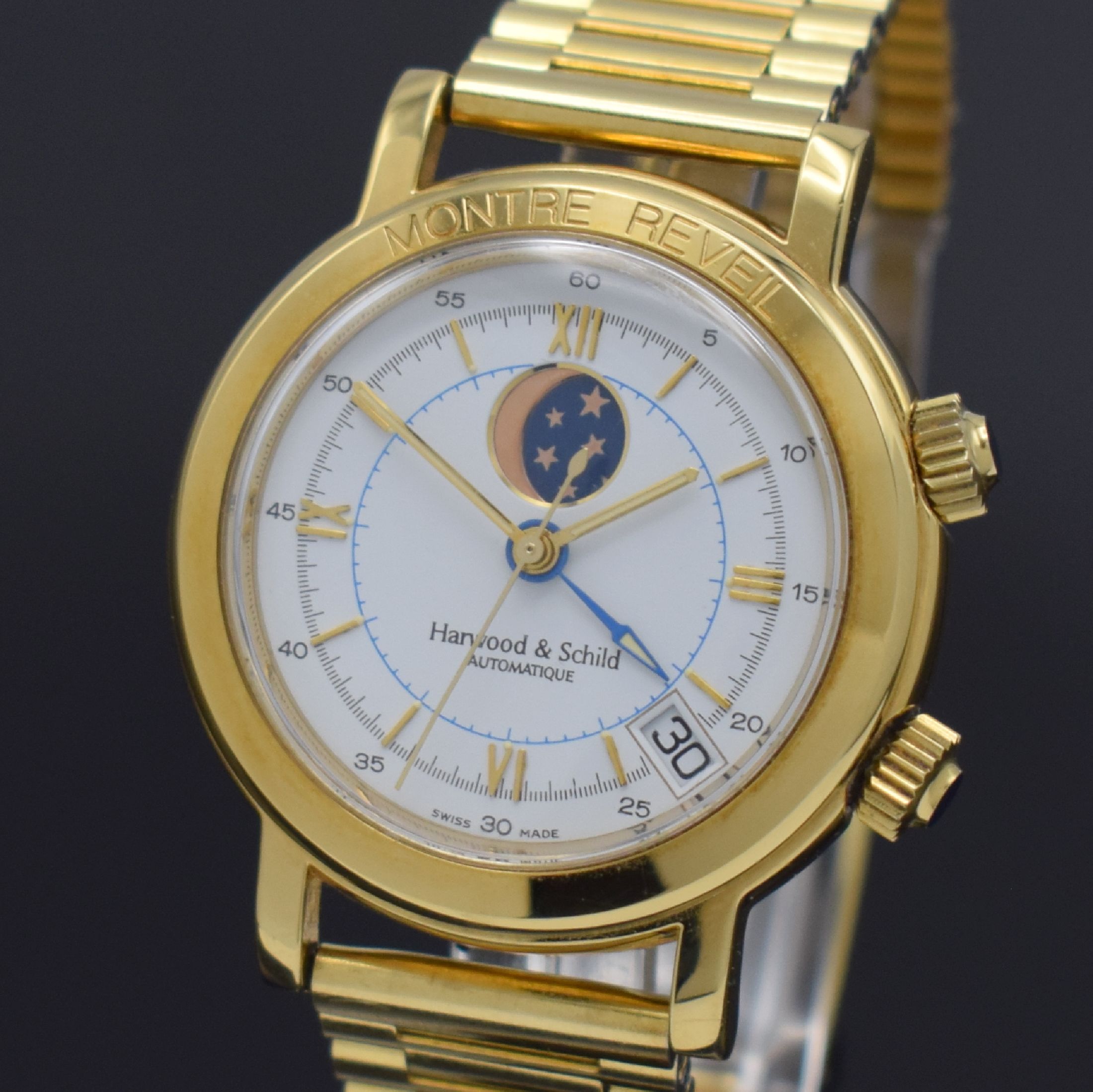 Detail c: HARWOOD & SCHILD Montre Reveil Herrenarmbanduhr mit Wecker, Mondphase & Datum, Schweiz um 1990, Automatik, verg. Geh., gedr. Stahlboden m. Monogramm, ...