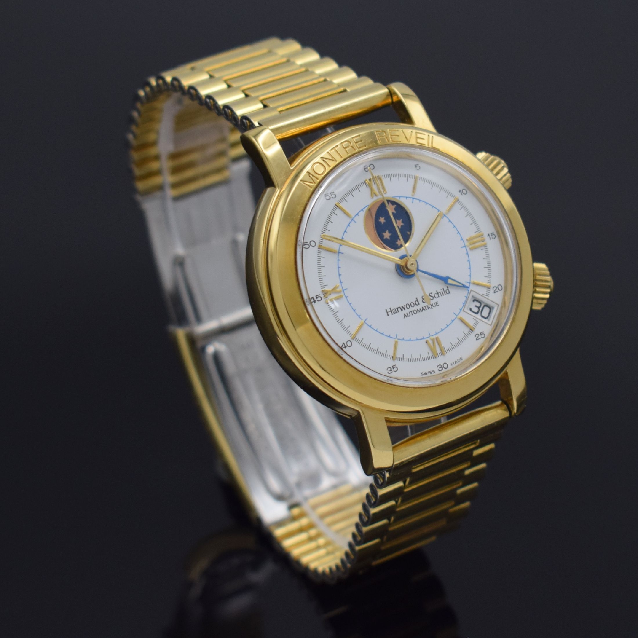 Detail d: HARWOOD & SCHILD Montre Reveil Herrenarmbanduhr mit Wecker, Mondphase & Datum, Schweiz um 1990, Automatik, verg. Geh., gedr. Stahlboden m. Monogramm, ...
