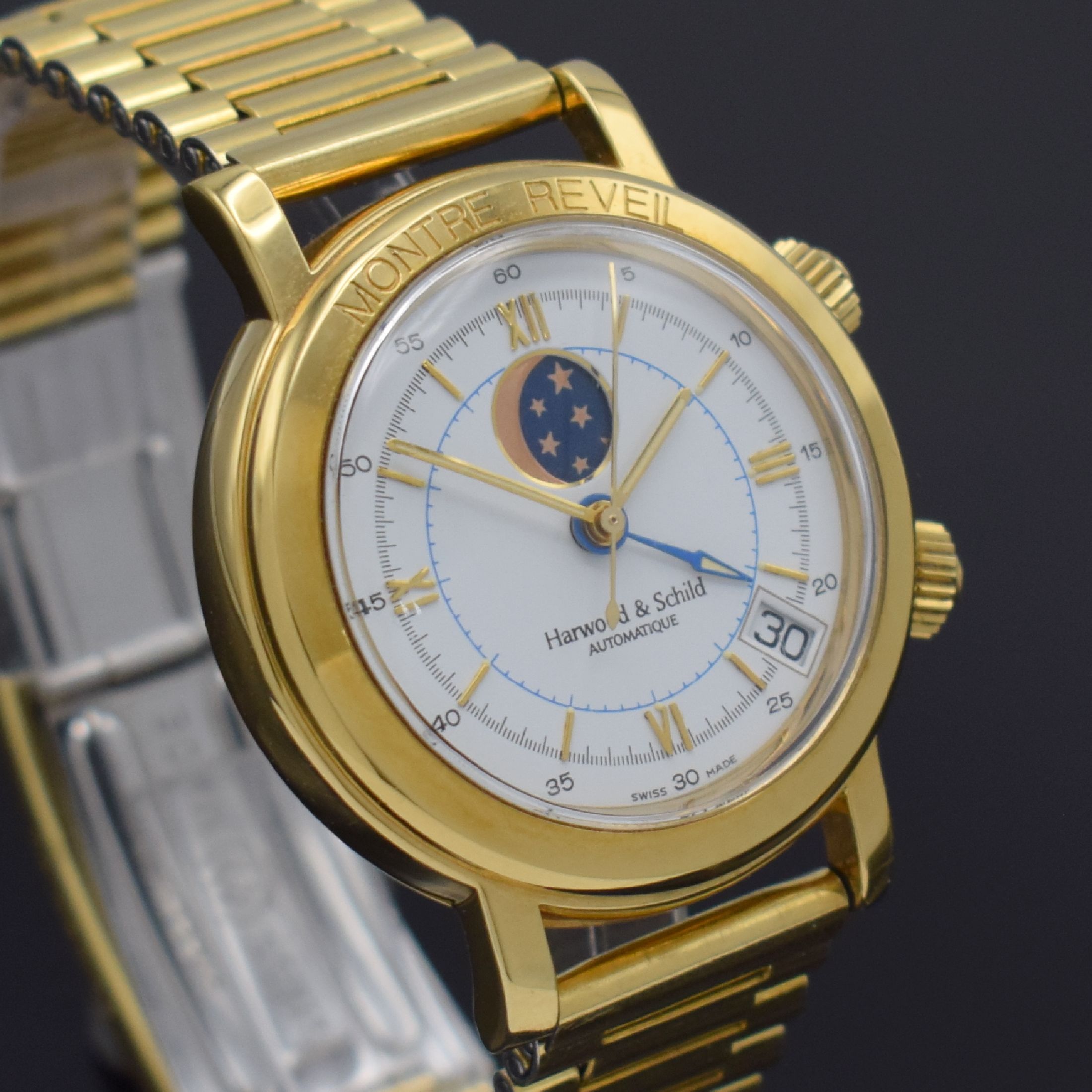 Detail e: HARWOOD & SCHILD Montre Reveil Herrenarmbanduhr mit Wecker, Mondphase & Datum, Schweiz um 1990, Automatik, verg. Geh., gedr. Stahlboden m. Monogramm, ...