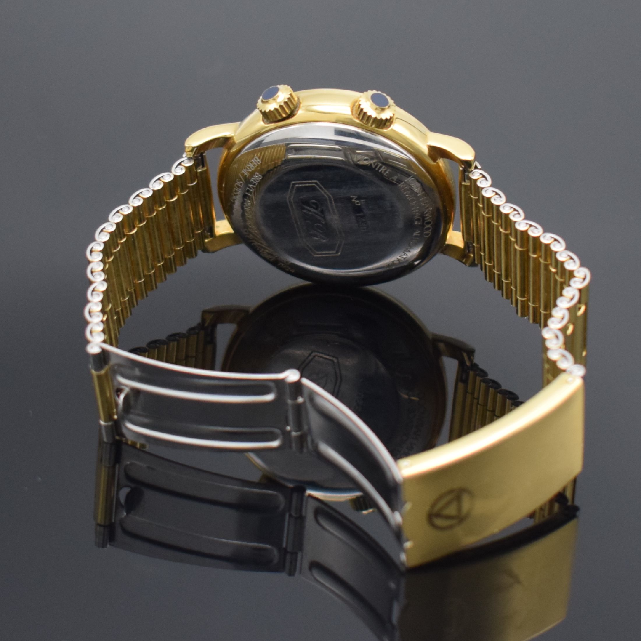 Detail f: HARWOOD & SCHILD Montre Reveil Herrenarmbanduhr mit Wecker, Mondphase & Datum, Schweiz um 1990, Automatik, verg. Geh., gedr. Stahlboden m. Monogramm, ...
