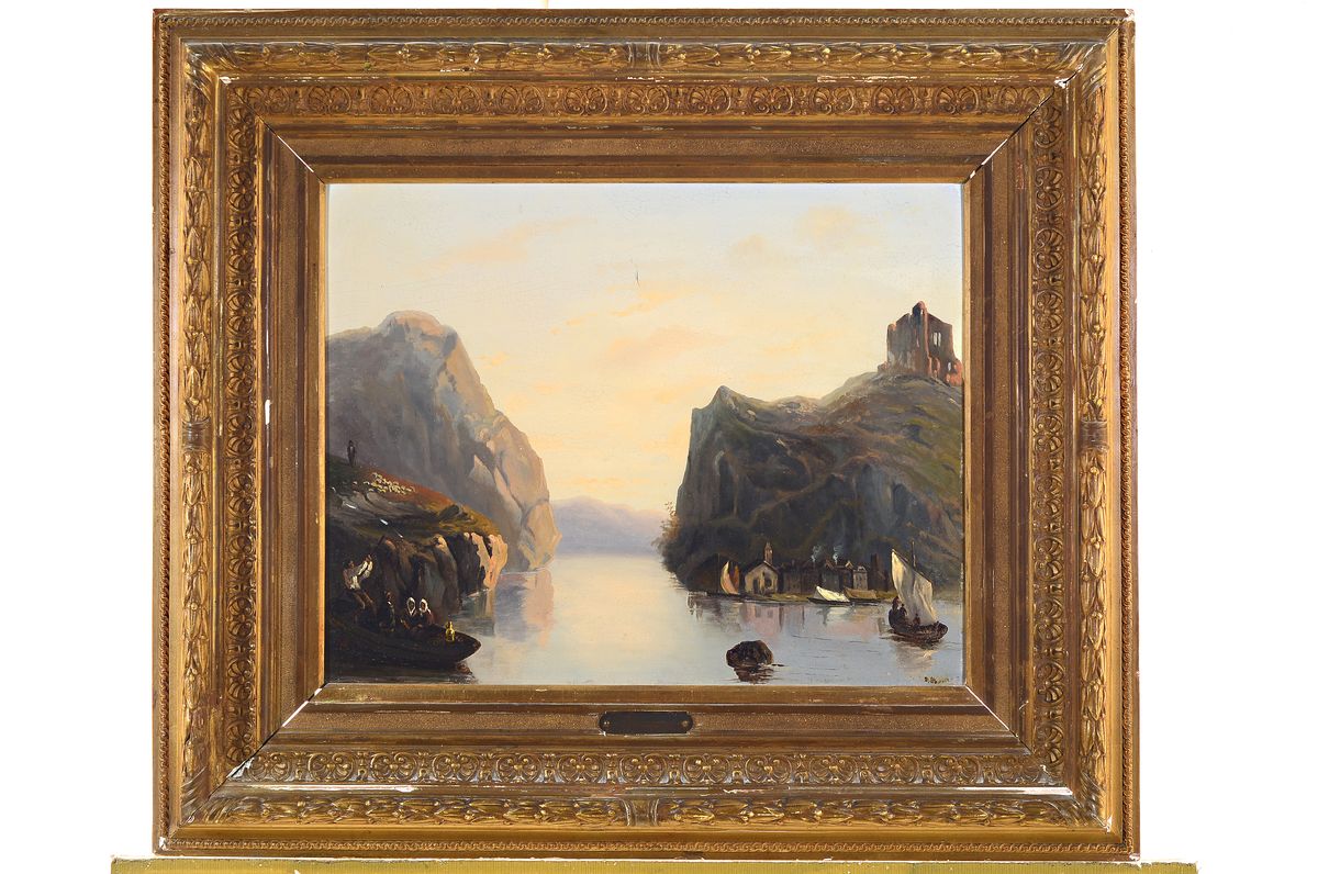 Detail k: J. Bauer, Künstler des 19. Jh., Fjordlandschaft, mit Personenstaffage, Öl/Lwd,re. u. signiert, ca. 37.5 x 48 cm, krakeliert,l. Altersschäden, ...