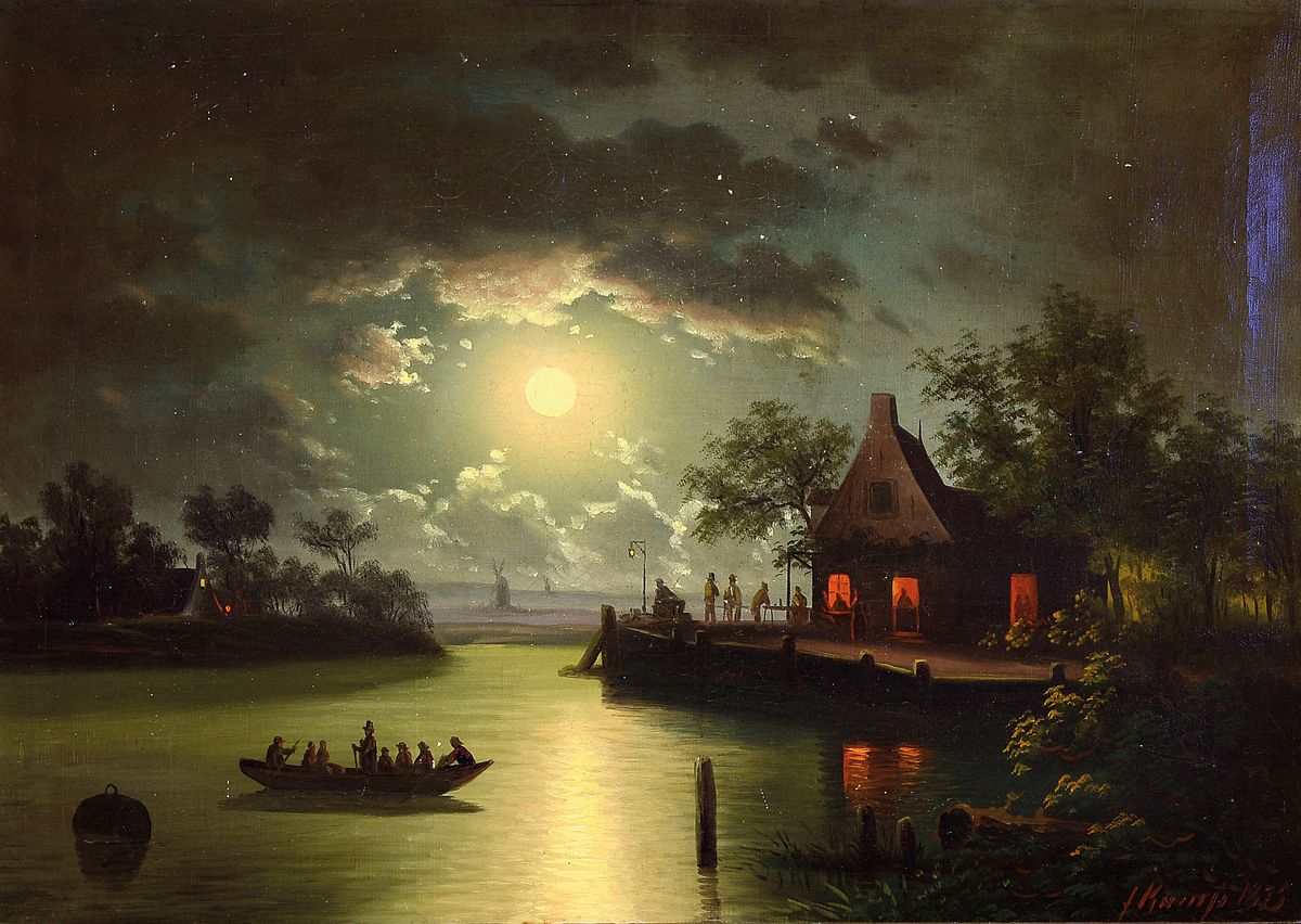 F. Kamp, datiert 1875, Mondlandschaft, Seelandschaft mit Gasthaus und mit überfahrenden Personen in einem Boot, Öl/Lwd, in rot signiert und ...