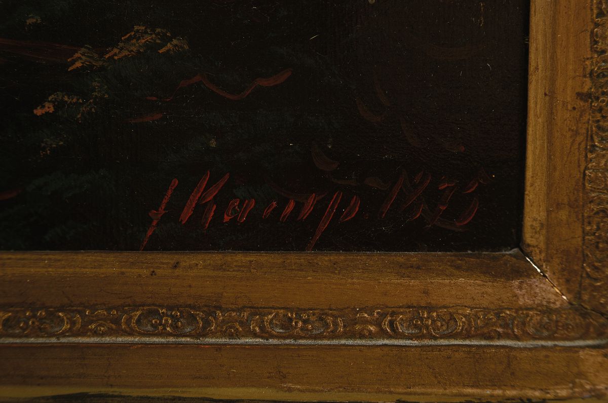 Detail a: F. Kamp, datiert 1875, Mondlandschaft, Seelandschaft mit Gasthaus und mit überfahrenden Personen in einem Boot, Öl/Lwd, in rot signiert und ...