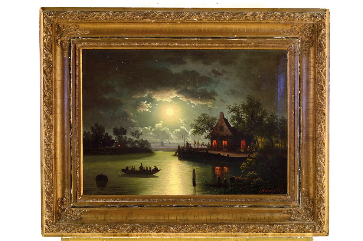 Detail k: F. Kamp, datiert 1875, Mondlandschaft, Seelandschaft mit Gasthaus und mit überfahrenden Personen in einem Boot, Öl/Lwd, in rot signiert und ...