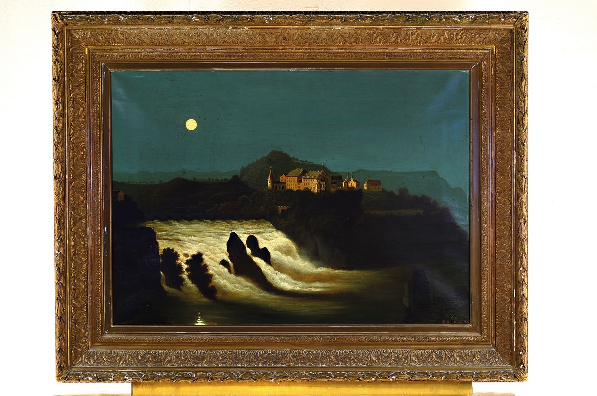 Detail k: Joseph Bühlmann 1844 Grosswangen Schweiz - 1921 München, der Rheinfall bei Neuhausen, Mondlandschaft, Öl/Lwd, signiert, dat. 1883, ca. 61 x 83 cm, ...