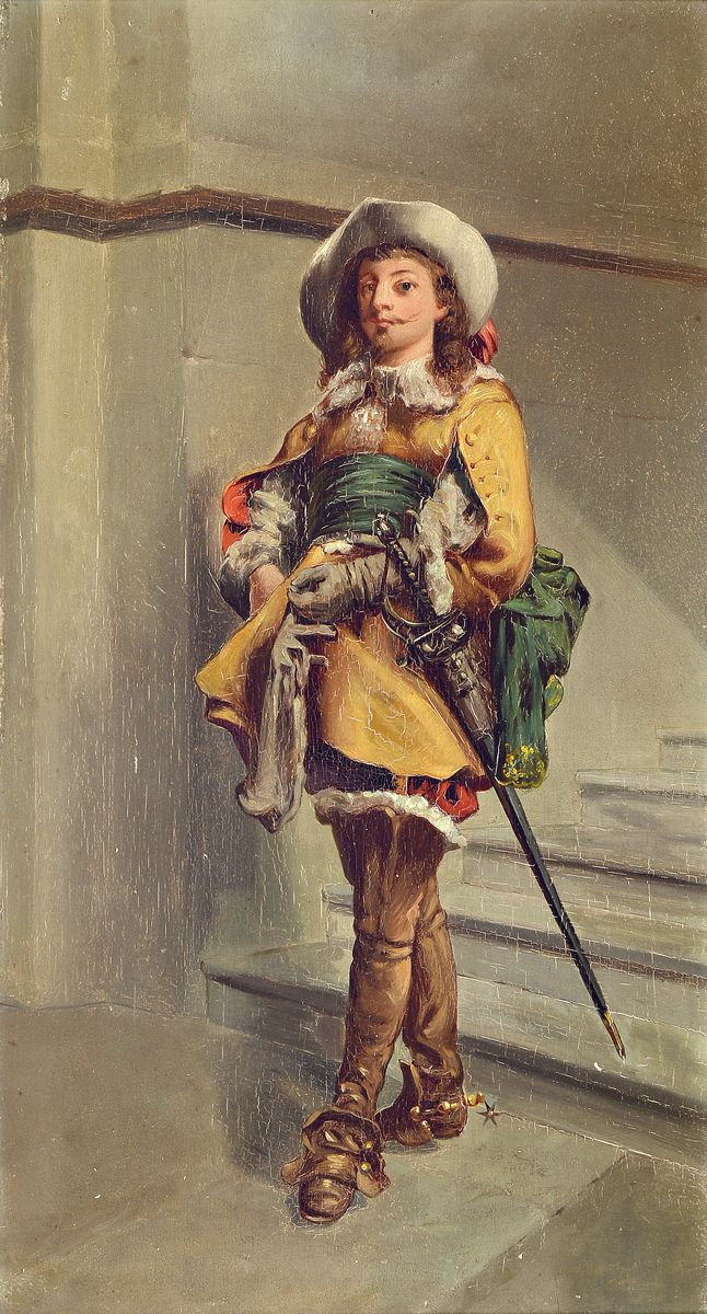 Unbekannter Künstler, um 1900, Musketier vor Treppe, Öl/Holz, unsigniert, ca. 41 x 21 cm, Rahmen l. besch.