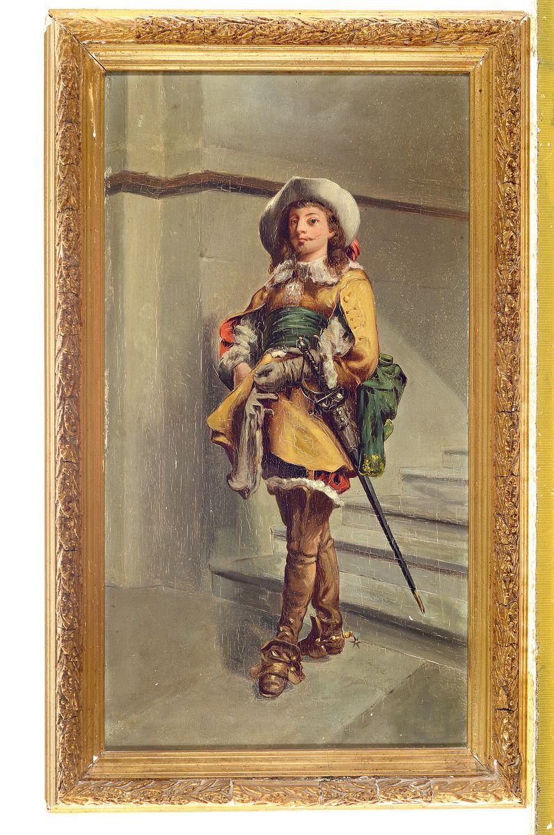 Detail k: Unbekannter Künstler, um 1900, Musketier vor Treppe, Öl/Holz, unsigniert, ca. 41 x 21 cm, Rahmen l. besch.