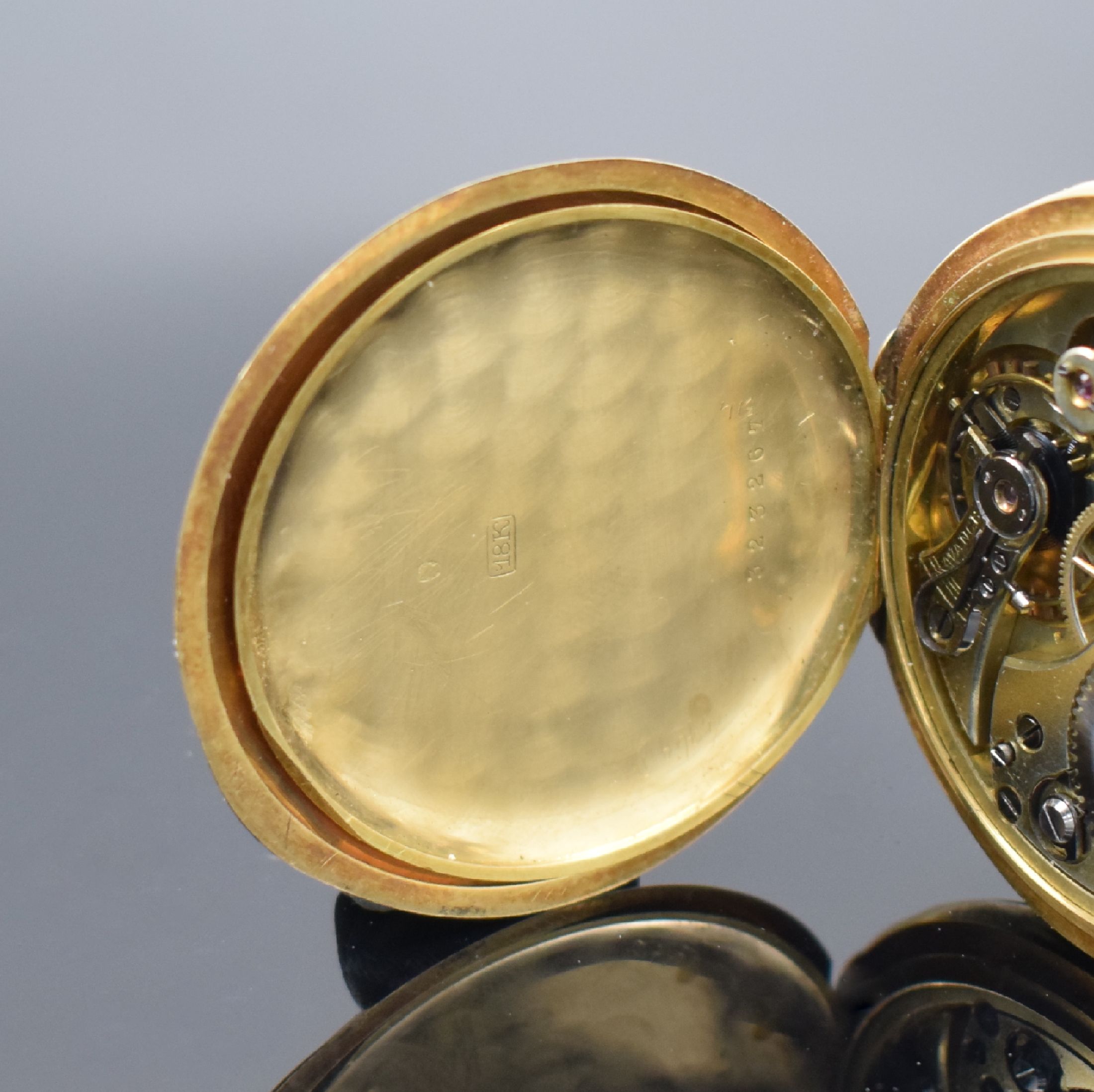Detail f: SURETE Savonette in GG 750/000, Schweiz um 1900, 3-Deckel Goldgeh., Emailzifferbl. m. arab. Zahlen riss./besch., gold. Zeiger, Ankerwerk m. ...