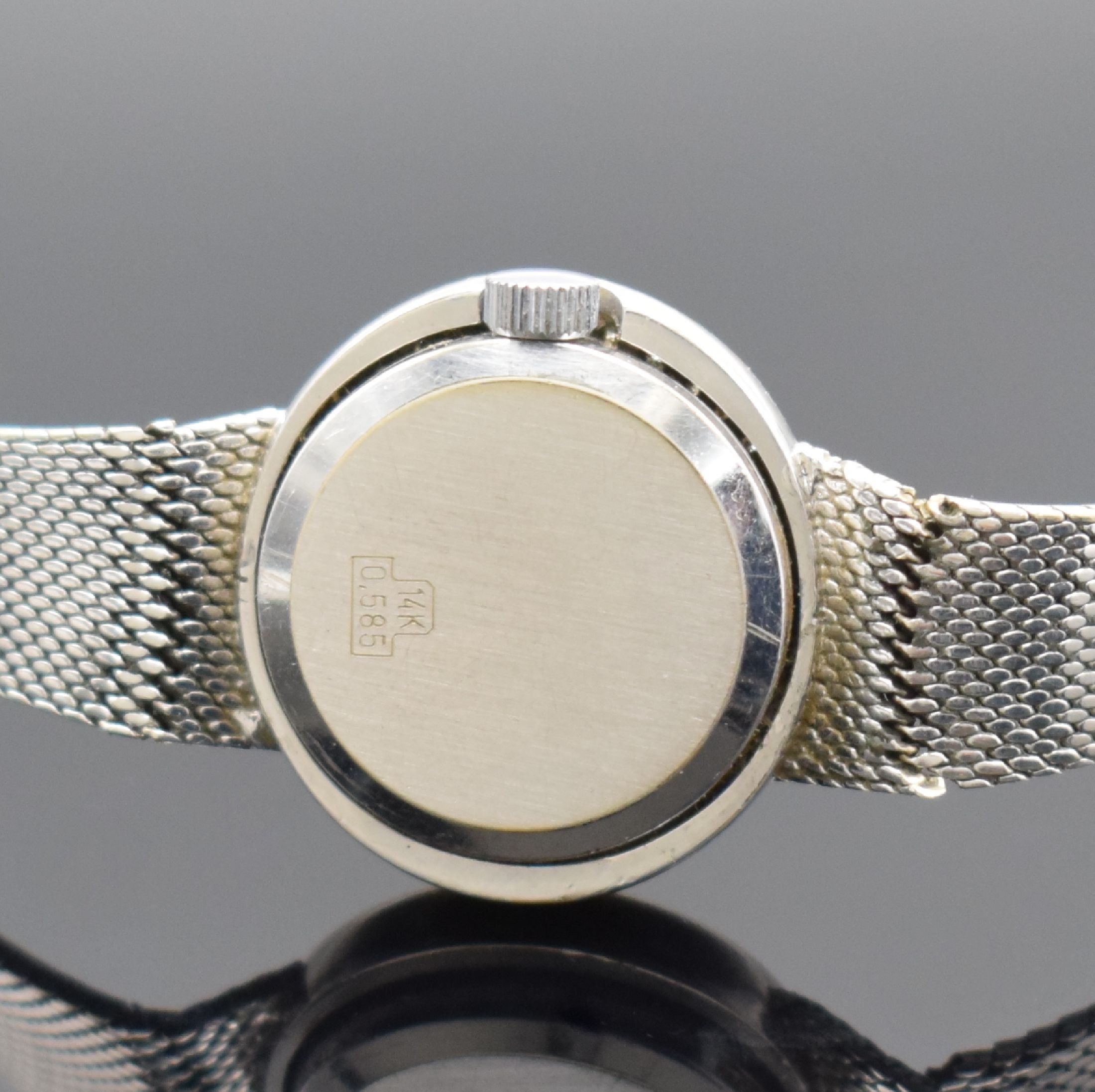 Detail c: OREX Damenarmbanduhr in WG 585/000, Schweiz um 1965, Handaufzug, 2-teil. Geh., Boden aufgedr., Lünette m. Diamanten bes., Milanaiseband in WG ...