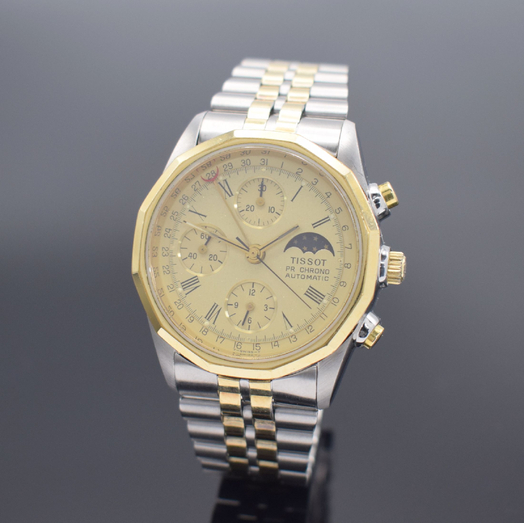 TISSOT PR 100 Herrenchronograph in Stahl/ vergoldet, Schweiz verk. lt. beil. Garantie 11/1985, Automatik, verschr. Geh., verg. 12- eckige Lünette, ...