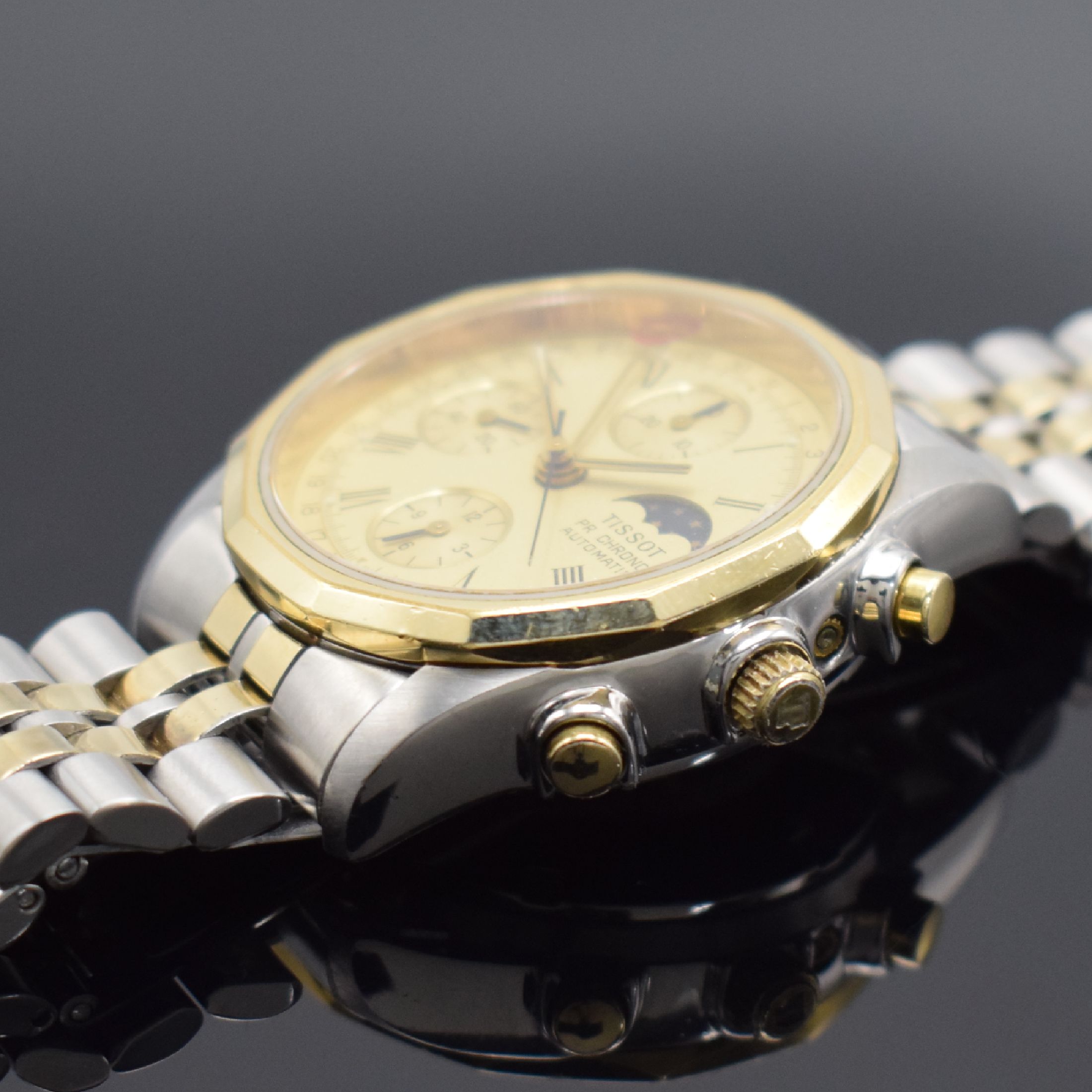 Detail c: TISSOT PR 100 Herrenchronograph in Stahl/ vergoldet, Schweiz verk. lt. beil. Garantie 11/1985, Automatik, verschr. Geh., verg. 12- eckige Lünette, ...