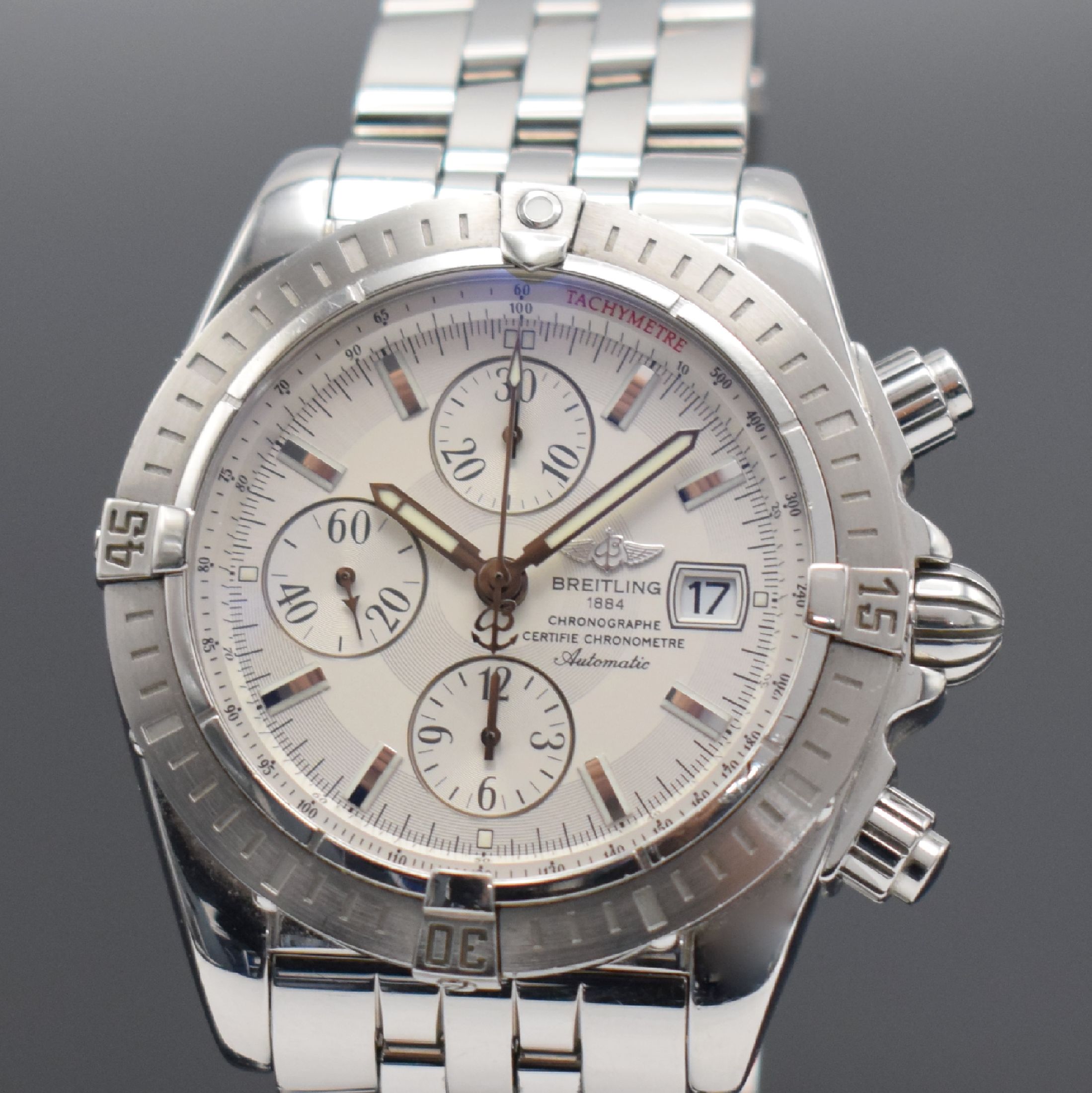 Detail e: BREITLING Chronomat Evolution Herrenarmbanduhr mit Chronograph Referenz A13356, Schweiz um2006, Automatik, verschr. Gehäuse in Edelst., eins. drehb. ...