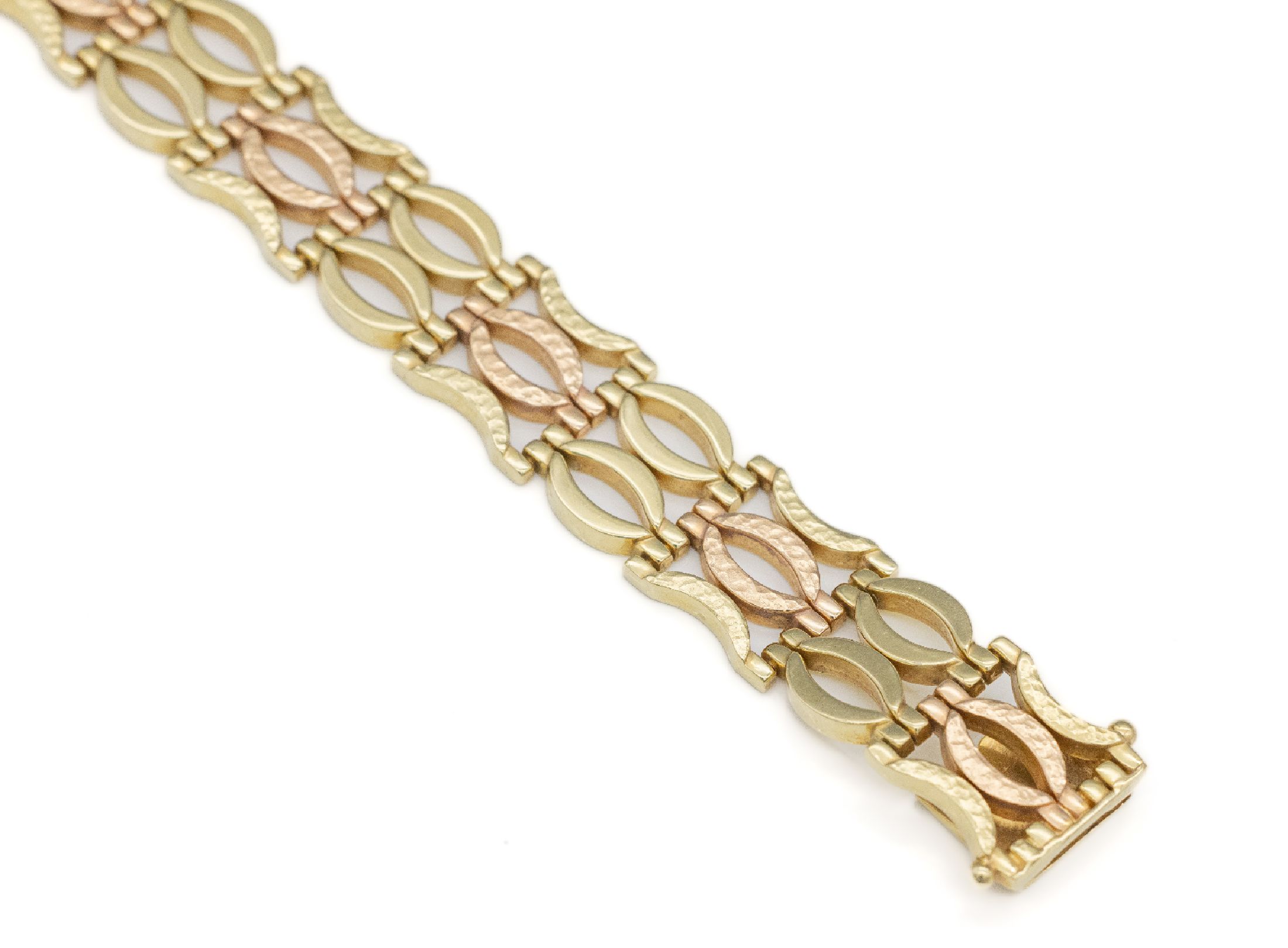 Detail a: 14 kt Gold Armband, GG/RG 585/000, ausgefallen, ovale und halbovale Glieder, L. ca. 19.3 cm, ca. 28.2 g, Kastenschloß mit 2 Sicherheitsachten