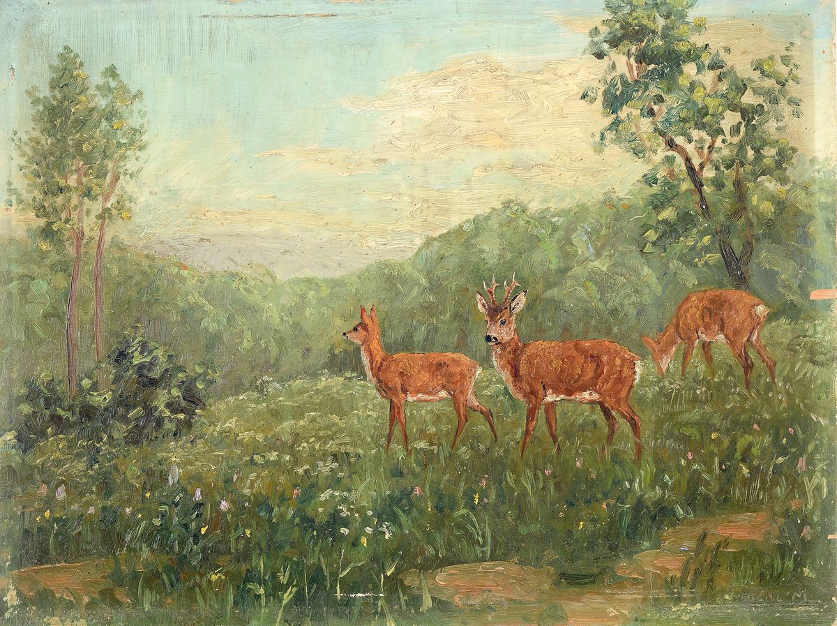Franz Hienl-Merre, 1869 Mainz-1943 München, Rehe auf einer Lichtung, Öl/Holz, rechts unten signiert, ca. 30x40cm, ein Randschaden, kleinere ...