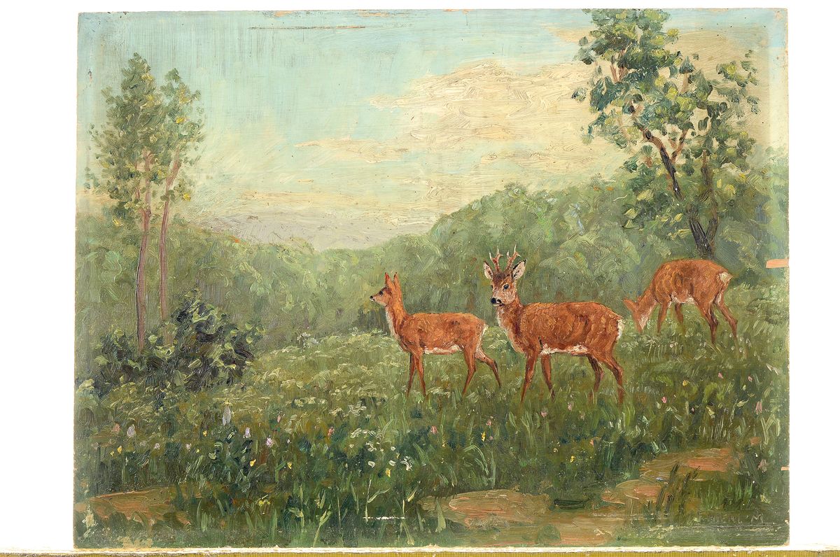 Detail k: Franz Hienl-Merre, 1869 Mainz-1943 München, Rehe auf einer Lichtung, Öl/Holz, rechts unten signiert, ca. 30x40cm, ein Randschaden, kleinere ...
