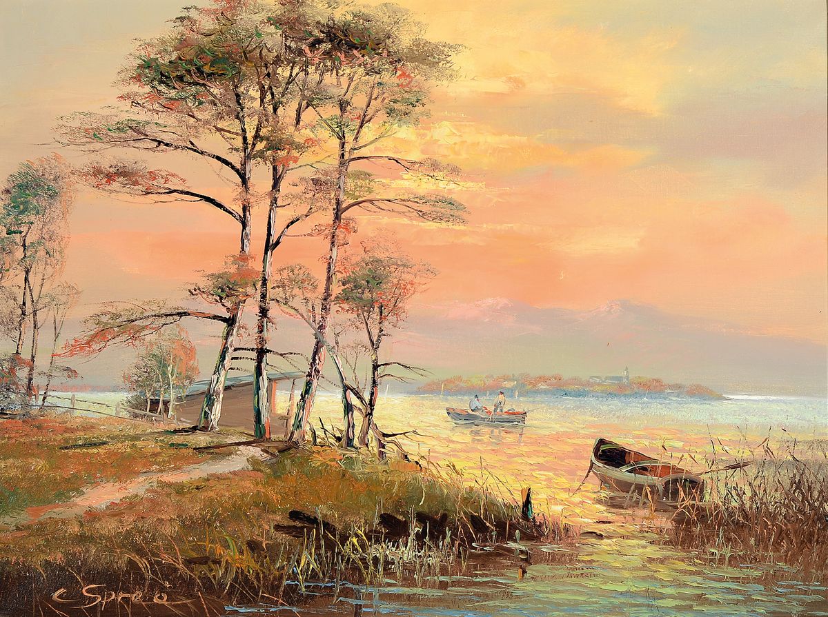 Carol Spree, geb. 1907 Mühlheim, Chiemseelandschaft bei Sonnenaufgang, Öl/Lwd, links unten signiert, ca. 60x80cm, Barockstilrahmen, ca. 78x98 cm