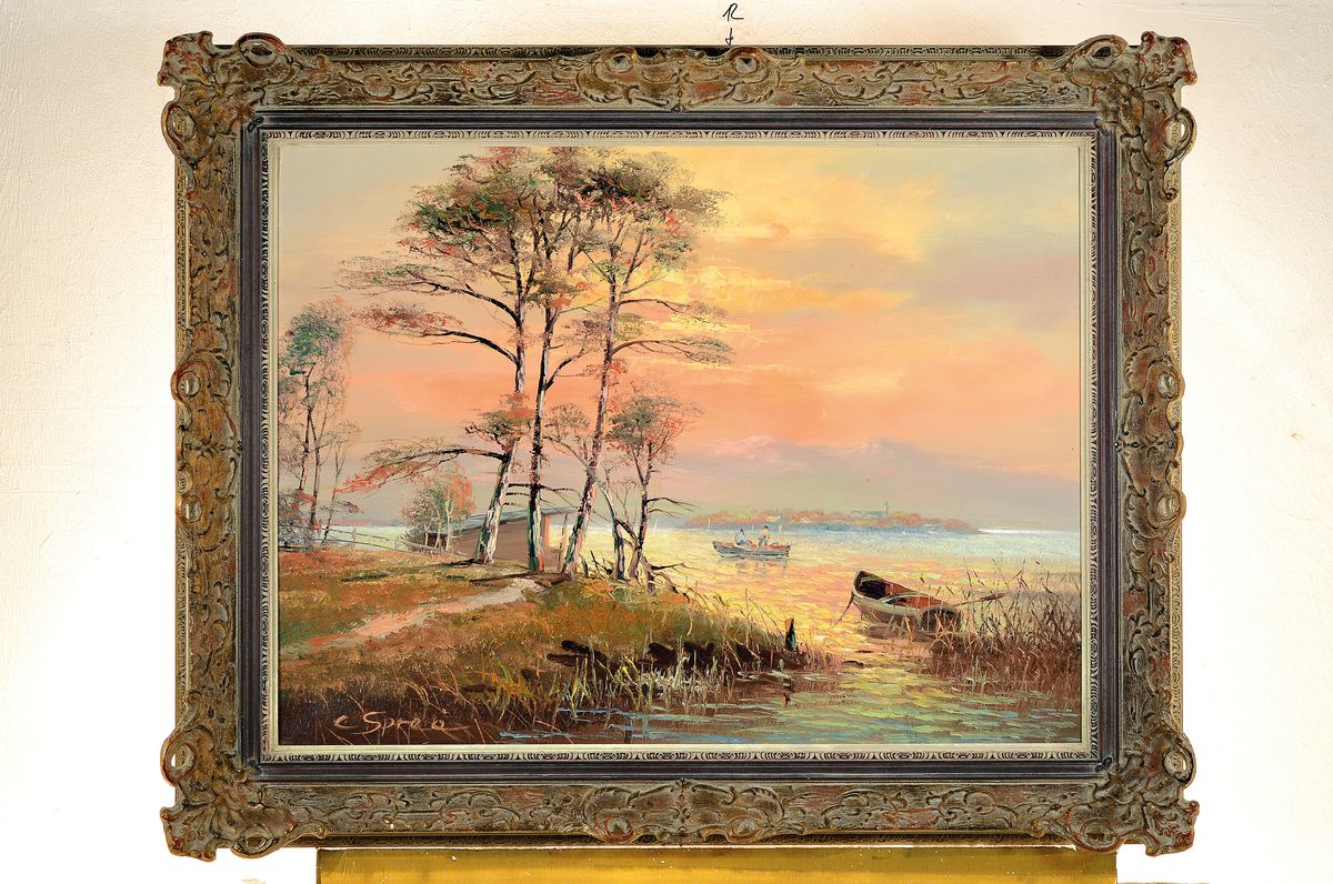 Detail k: Carol Spree, geb. 1907 Mühlheim, Chiemseelandschaft bei Sonnenaufgang, Öl/Lwd, links unten signiert, ca. 60x80cm, Barockstilrahmen, ca. 78x98 cm
