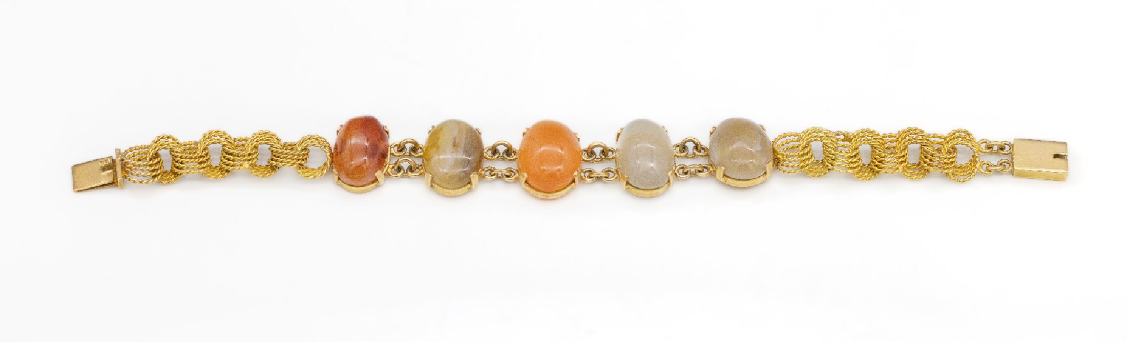 Detail a: 14 kt Gold Farbstein-Armband, GG 750/000, ineinander verschlungene Glieder, Mittelteil mit 5 Quarz-Cabochons in versch. Farben, L. ca. 19.5 cm, ca. ...