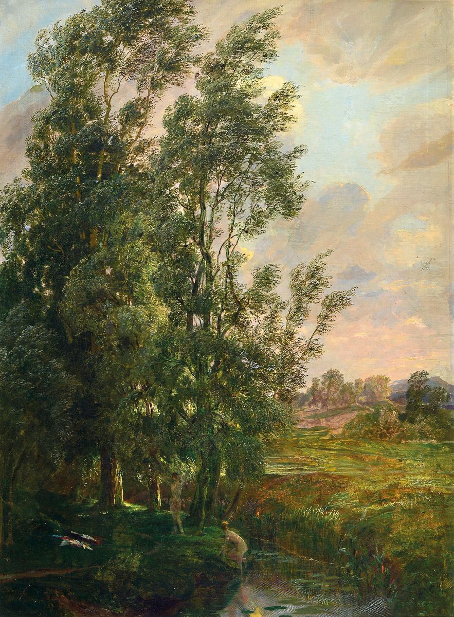 Unbekannter Künstler, Frankreich, Schule von Barbizon, um 1900, baumbestandene Landschaft am Flussufer mit zwei Badenden, atmosphärische Szenerie ...