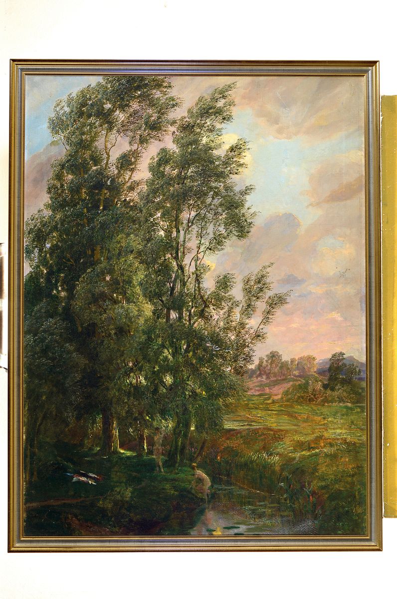 Detail k: Unbekannter Künstler, Frankreich, Schule von Barbizon, um 1900, baumbestandene Landschaft am Flussufer mit zwei Badenden, atmosphärische Szenerie ...