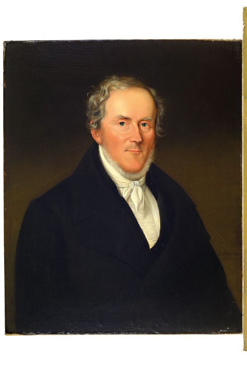 Detail k: L. Wagner, datiert 1841, Porträt eines Mannes, rückseitig bezeichnet: Franz Anton Buhl 1799-1844, Öl/Lwd, rechts unten signiert und datiert, ca. ...