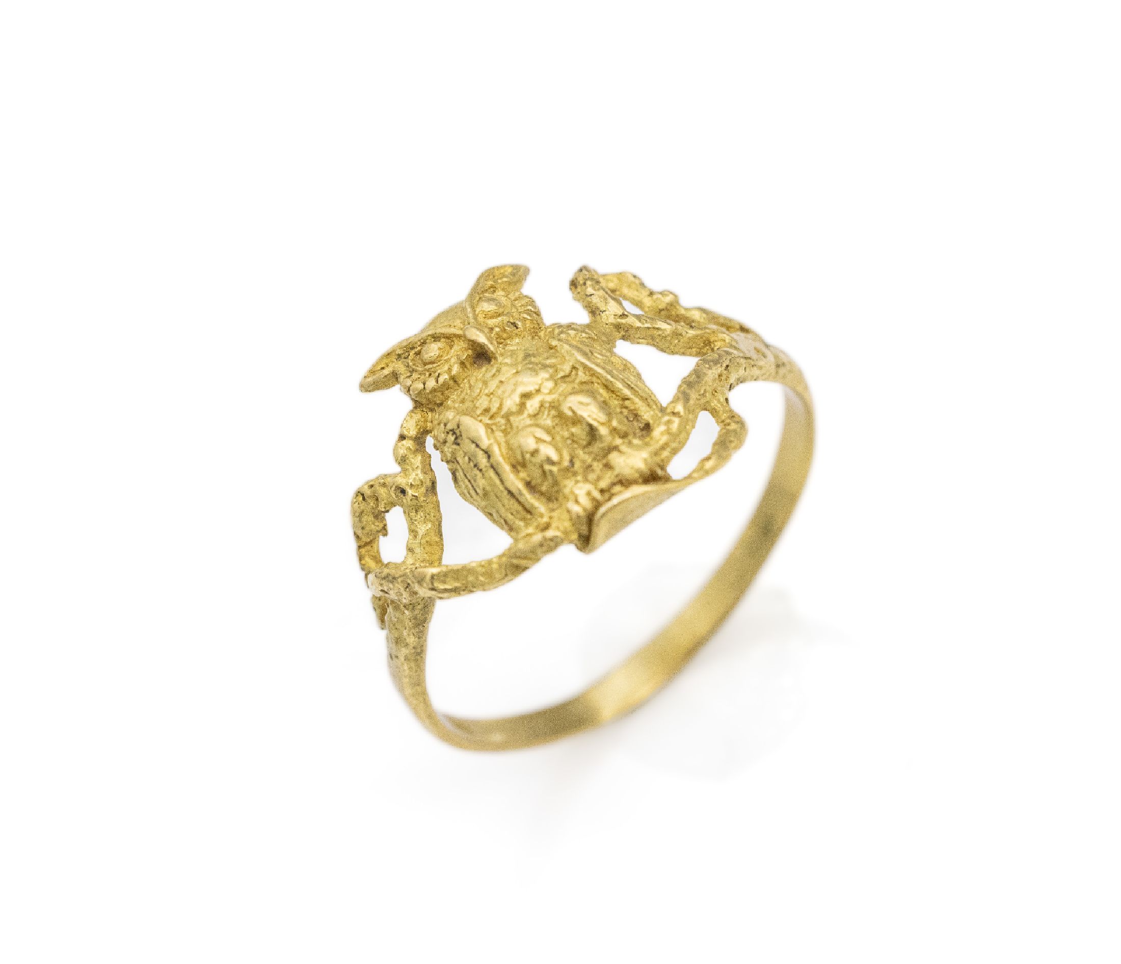 14 kt Gold Ring, GG 585/000, Ringkopf in Form einer Eule auf einem Ast sitzend, RW 60, 1.8 g