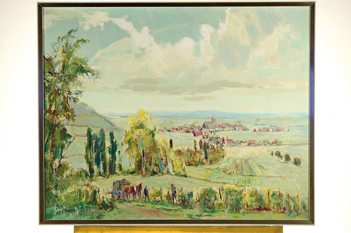 Detail k: Karl Graf, 1902-1986 Speyer, Blick auf ein Dorf in der Pfalz, Öl/Holz, links unten signiert, ca. 80x100cm, R.