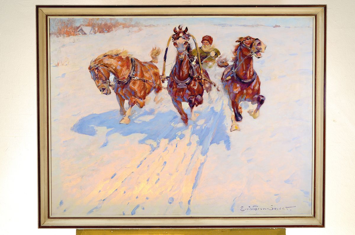 Detail k: Eugen von Warun-Sekret, 1896 Michalowka/ Ukraine - 1963 Frankfurt, Winterlandschaft mit Schlitten/Troika, qualitätvolle Malerei, Öl/Lwd, re. u. ...
