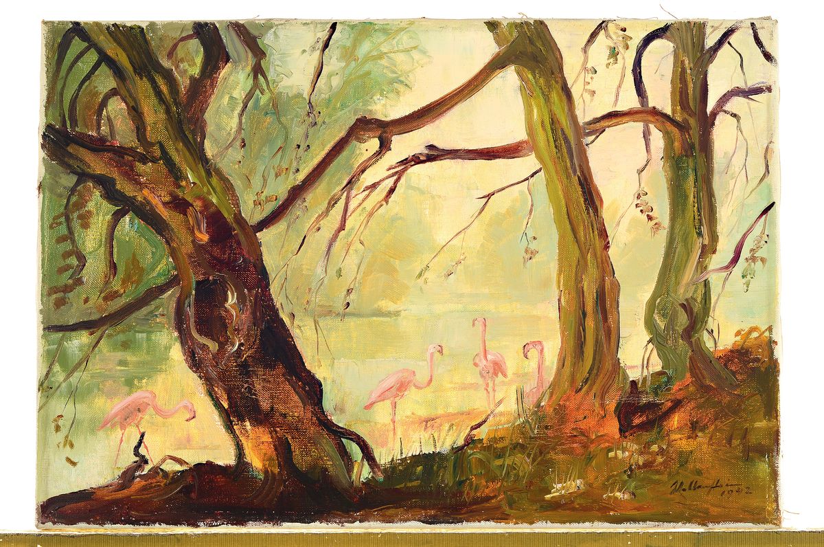 Detail k: Walter Wellenstein, 1898 Dortmund-1970 Berlin, Flamingos am Ufer, so rückseitig betitelt, Öl/Lwd, rechts unten signiert und dat. 42, ca. 34x50cm