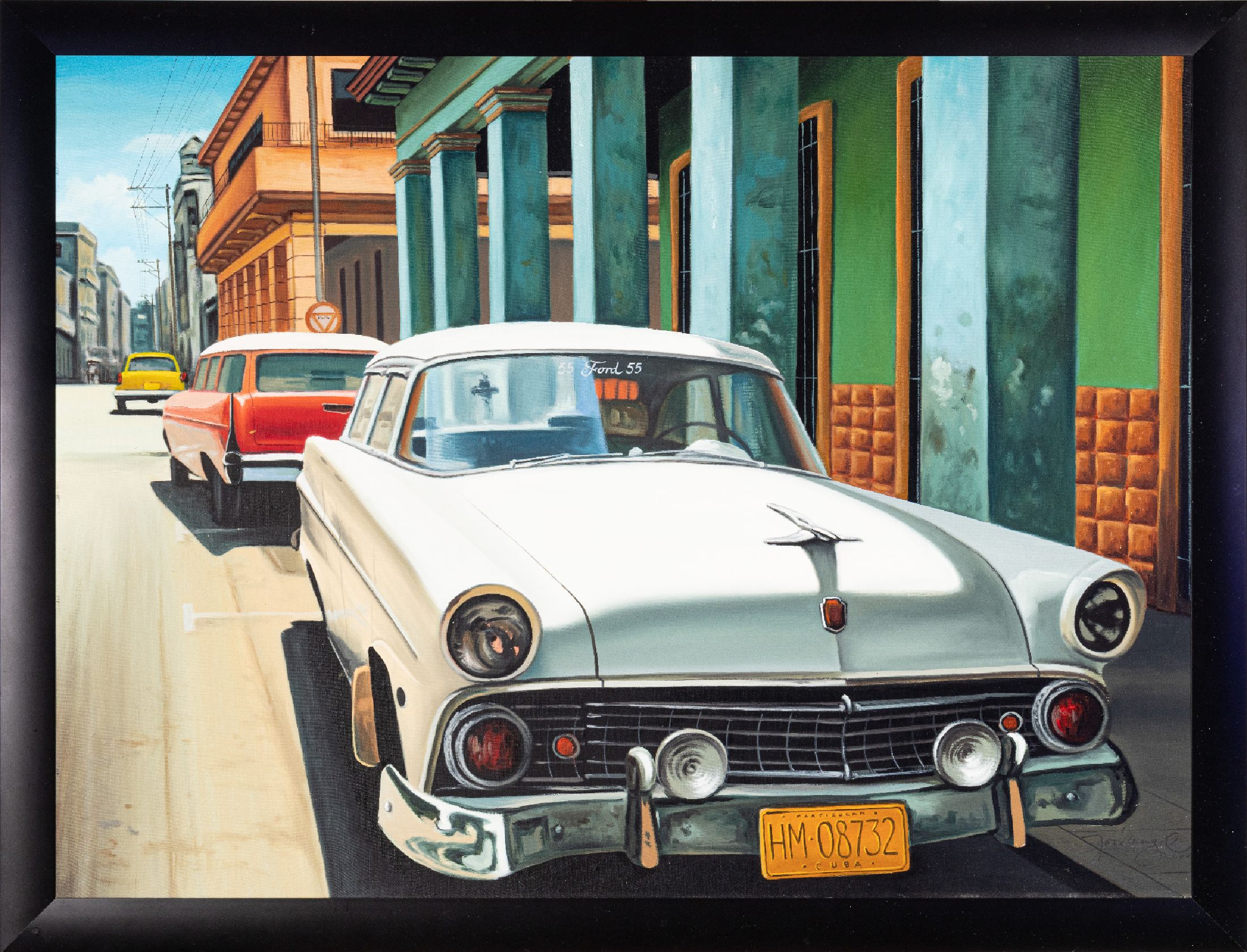 José Angel, zeitgenössischer Künstler aus Kuba, Straßenszene aus Havanna, Acryl/ Lwd, rechts unten signiert, ca. 58x78cm, Rahmen ca. 59x79cm