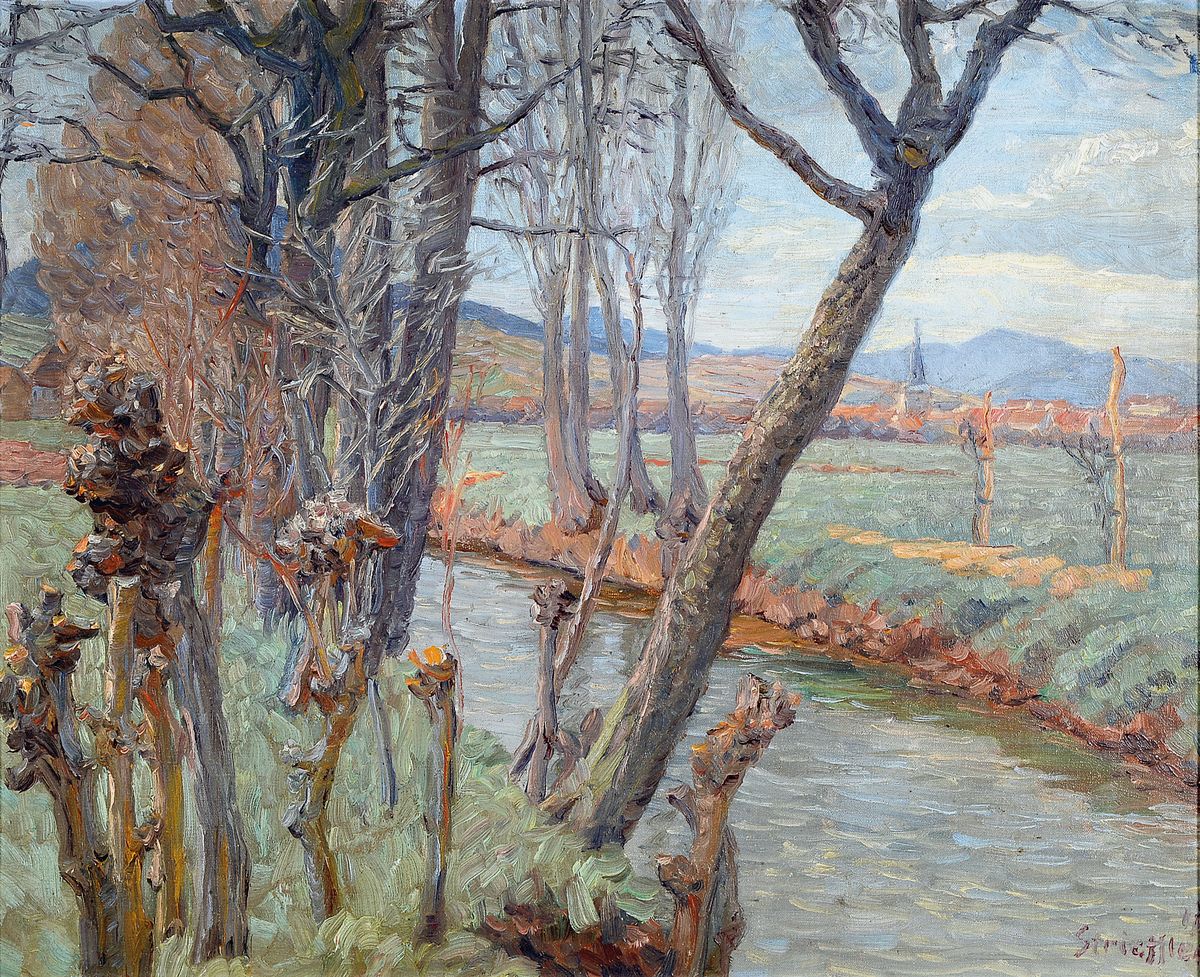 Heinrich Strieffler, 1872-1949 Neustadt, "Vorfrühling bei Siebeldingen" so verso bez., Blick über die Queich auf die Kulisse von ...