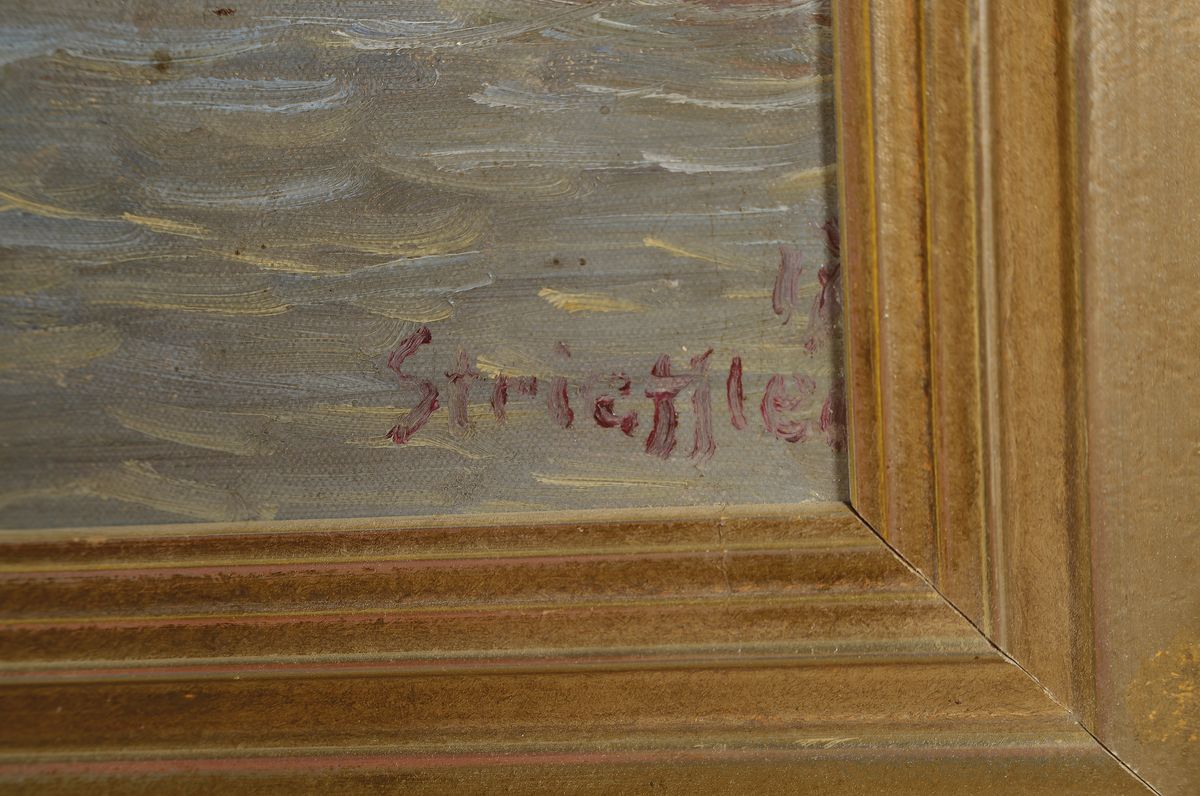 Detail a: Heinrich Strieffler, 1872-1949 Neustadt, "Vorfrühling bei Siebeldingen" so verso bez., Blick über die Queich auf die Kulisse von ...