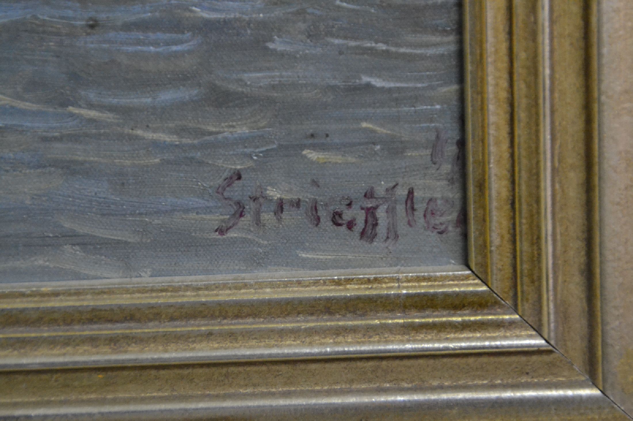 Detail d: Heinrich Strieffler, 1872-1949 Neustadt, "Vorfrühling bei Siebeldingen" so verso bez., Blick über die Queich auf die Kulisse von ...