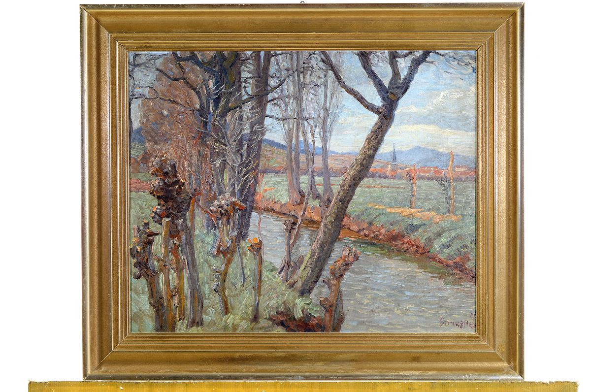 Detail k: Heinrich Strieffler, 1872-1949 Neustadt, "Vorfrühling bei Siebeldingen" so verso bez., Blick über die Queich auf die Kulisse von ...
