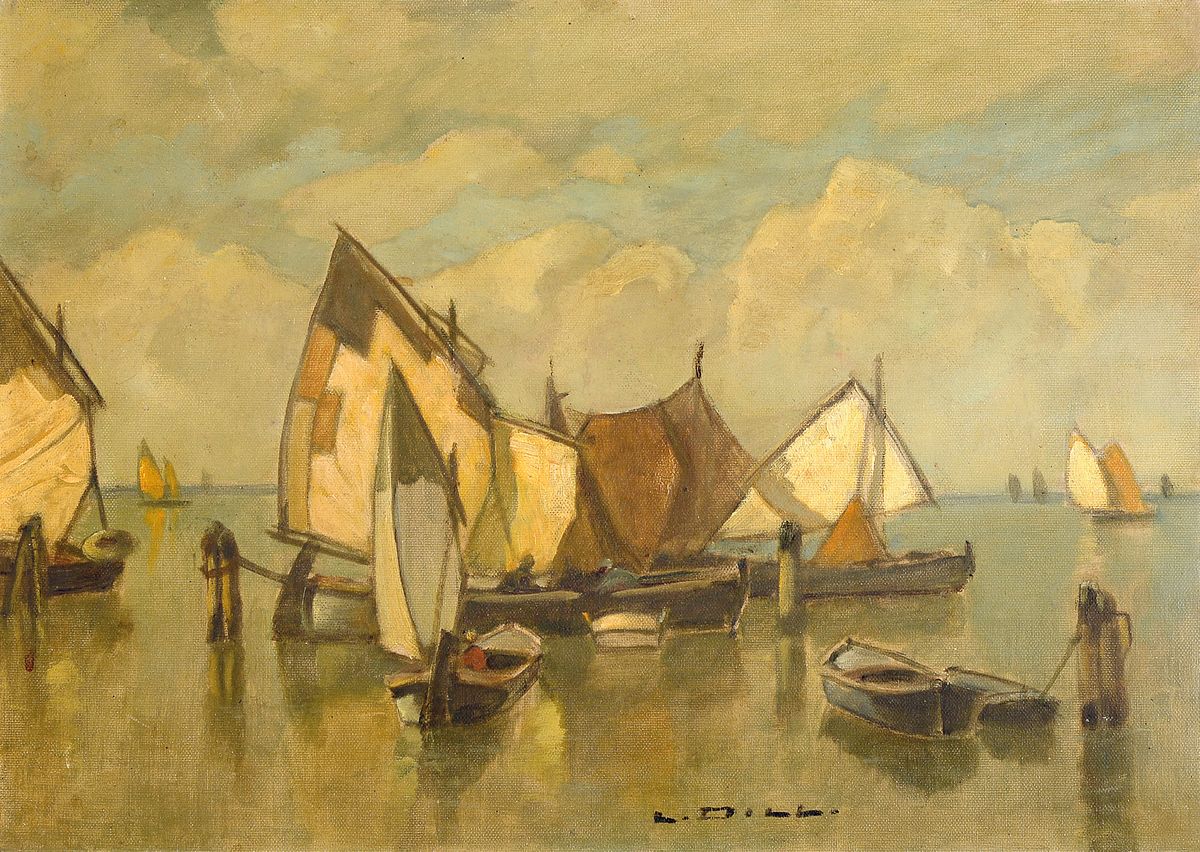Ludwig Dill, 1848 Gernsbach - 1940 Karlsruhe , Studium an der Akademie München u.a. bei Karl Theodor von Piloty, "Fischerboote vor ...
