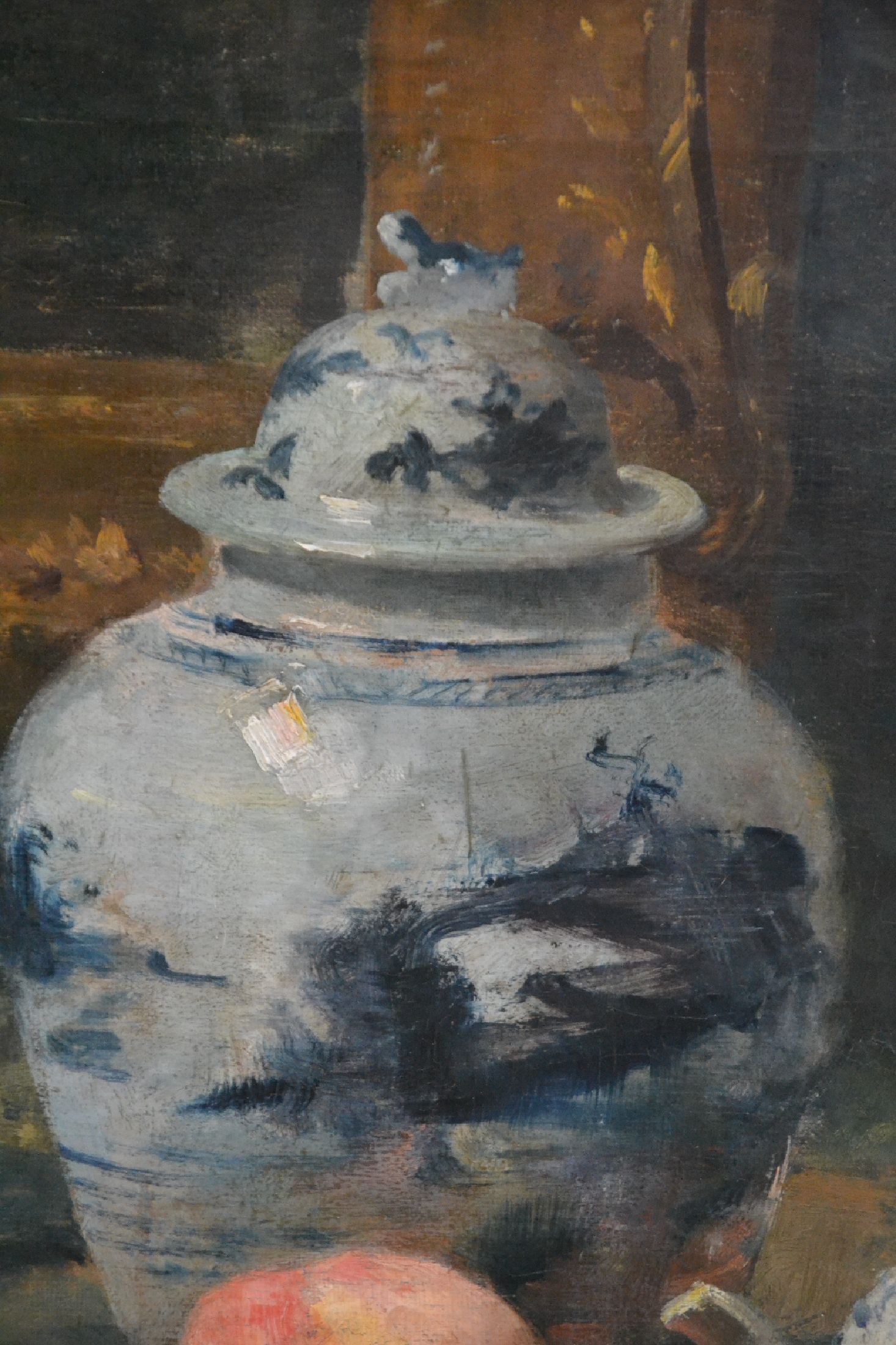 Detail c: E. Merkel (o.ä.), Künstler um 1900, Interieur-Stillleben, Pfirsiche und Trauben in und um chinesische Keramikgefäße mit Blaumalerei, auf ...