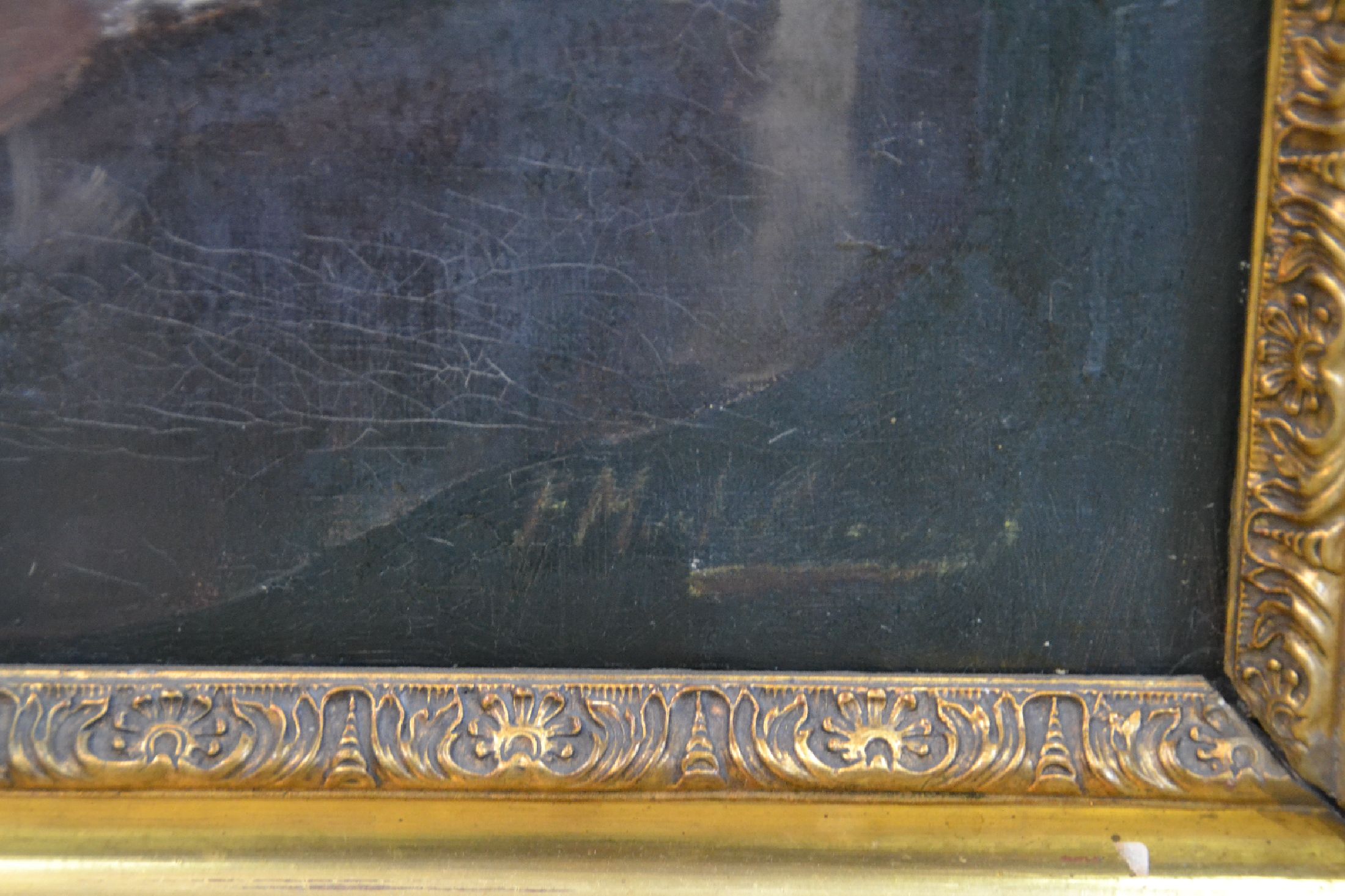 Detail e: E. Merkel (o.ä.), Künstler um 1900, Interieur-Stillleben, Pfirsiche und Trauben in und um chinesische Keramikgefäße mit Blaumalerei, auf ...