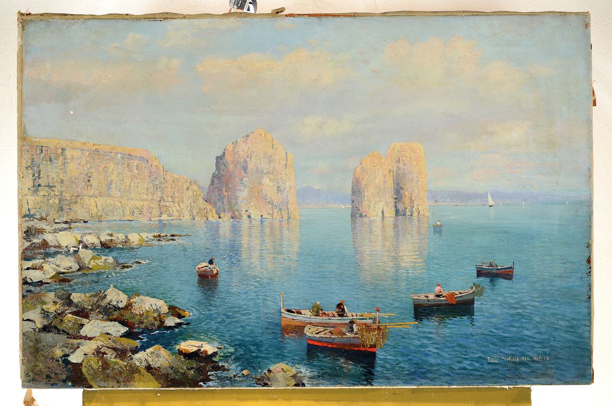 Detail k: Joseph Faust, 1868 Toulon - 1934, Schüler von Leon Bonat, tätig in Marseille, italienische Landschaft, Blick entlang der Küste auf die ...